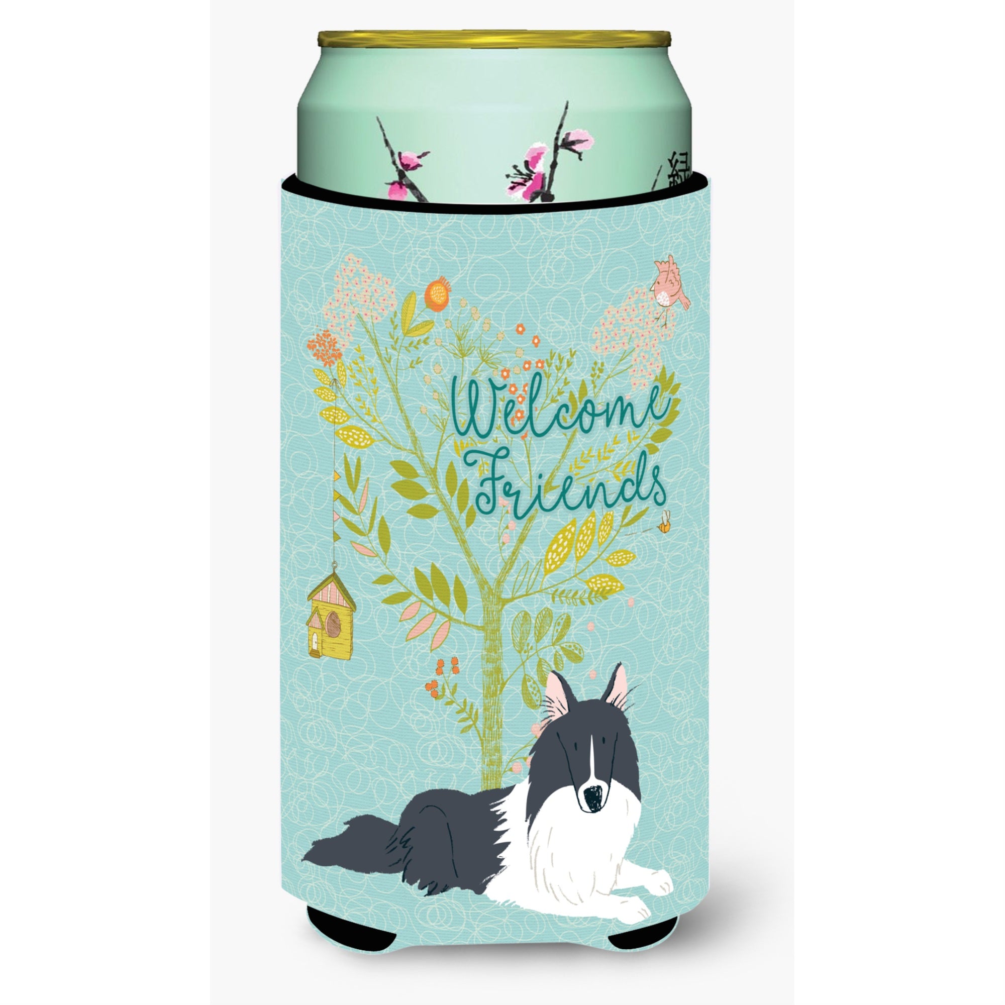 'Caroline'S Treasures Welcome Friends Black White Collie Decorative Can Hugger, Tall Boy, Multicolor''