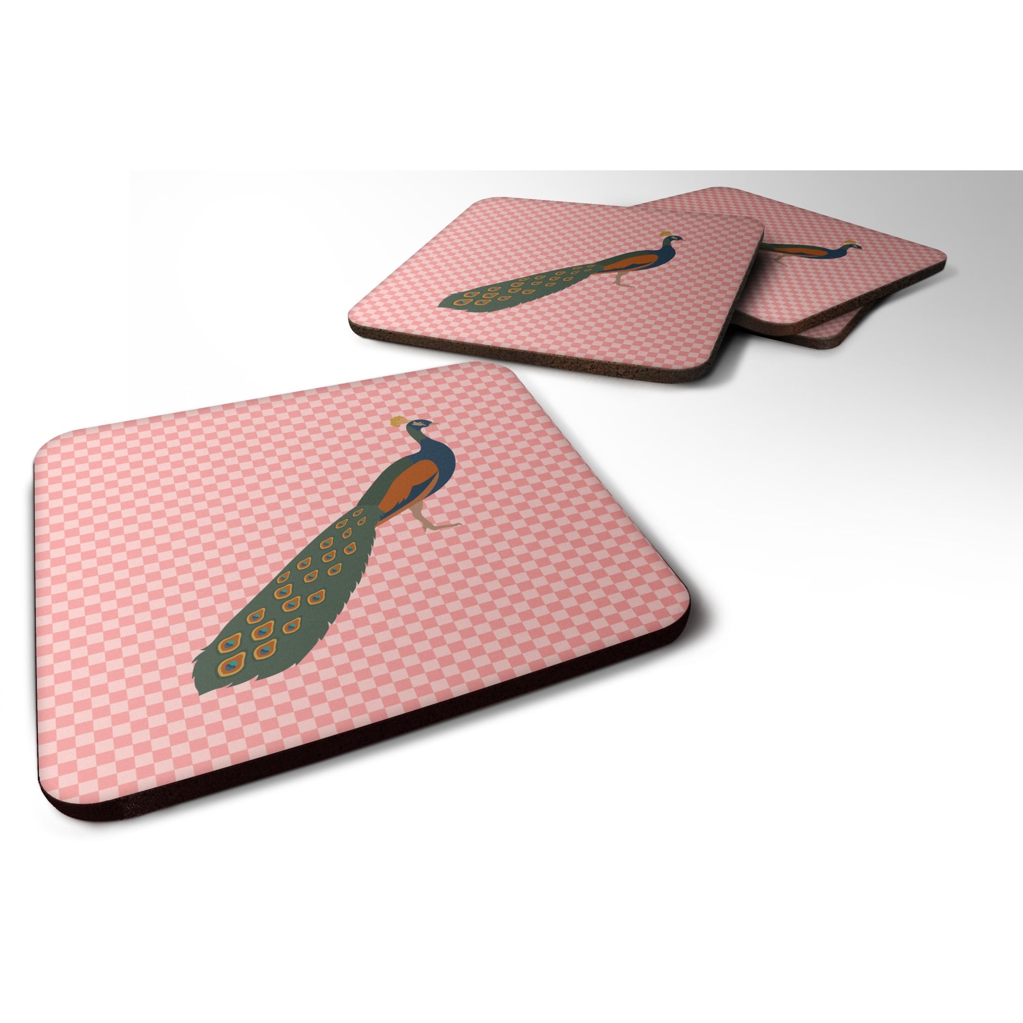 'Caroline'S Treasures Indian Peacock Peafowl Pink Check Decorative Coasters, 3.5, Multicolor''