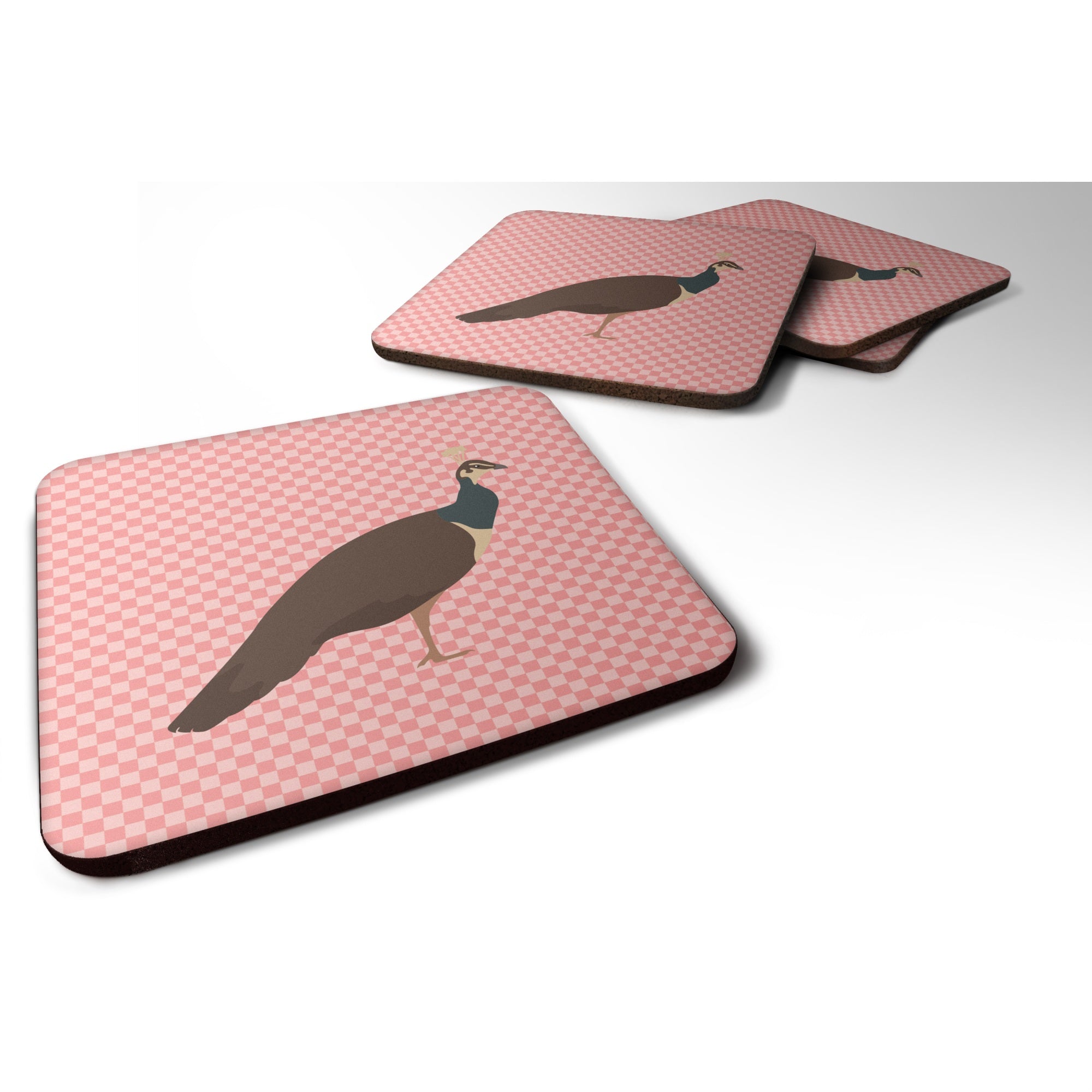 'Caroline'S Treasures Indian Peahen Peafowl Pink Check Decorative Coasters, 3.5'''', Multicolor''