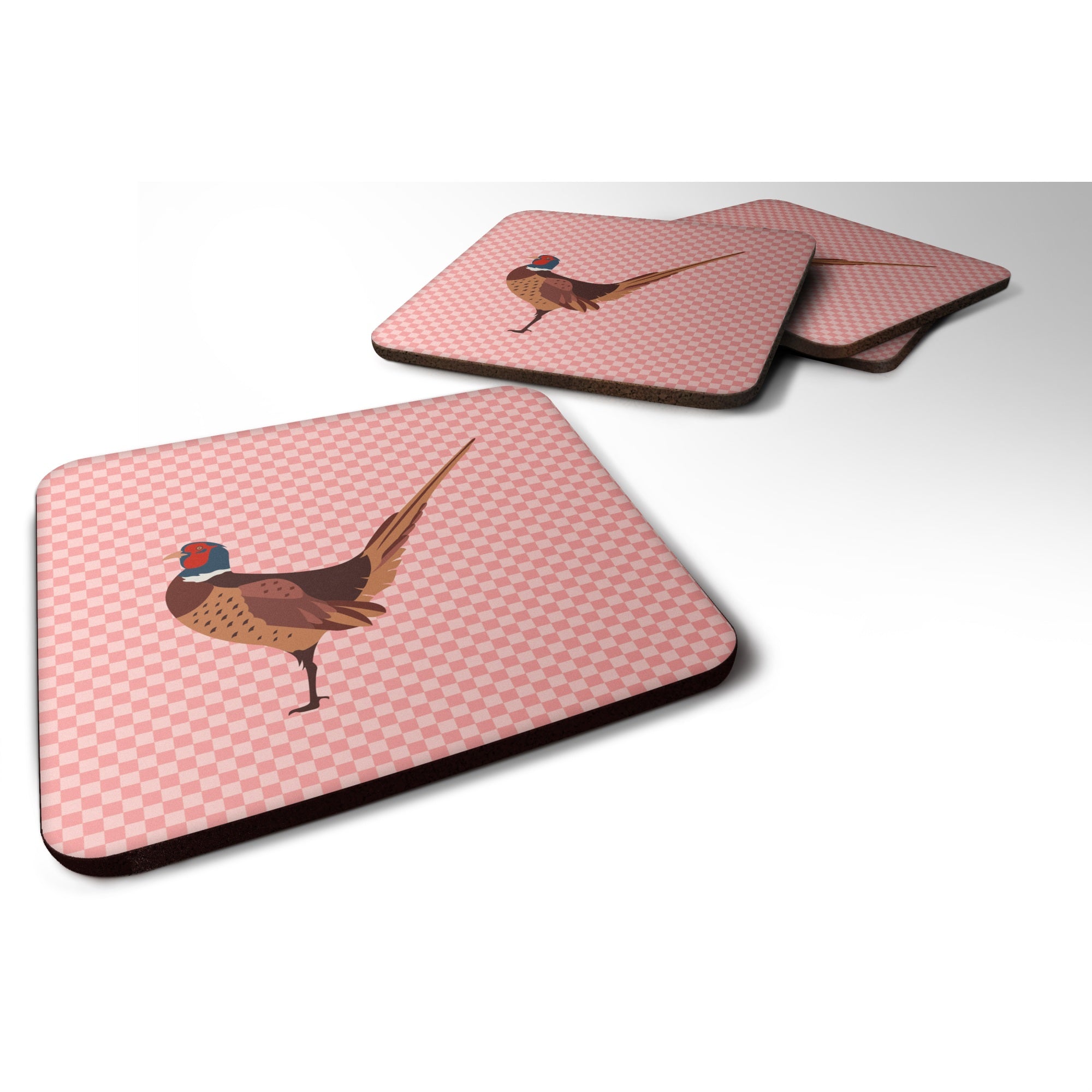 'Caroline'S Treasures Ring-Necked Common Pheasant Pink Check Decorative Coasters, 3.5'''', Multicolor''