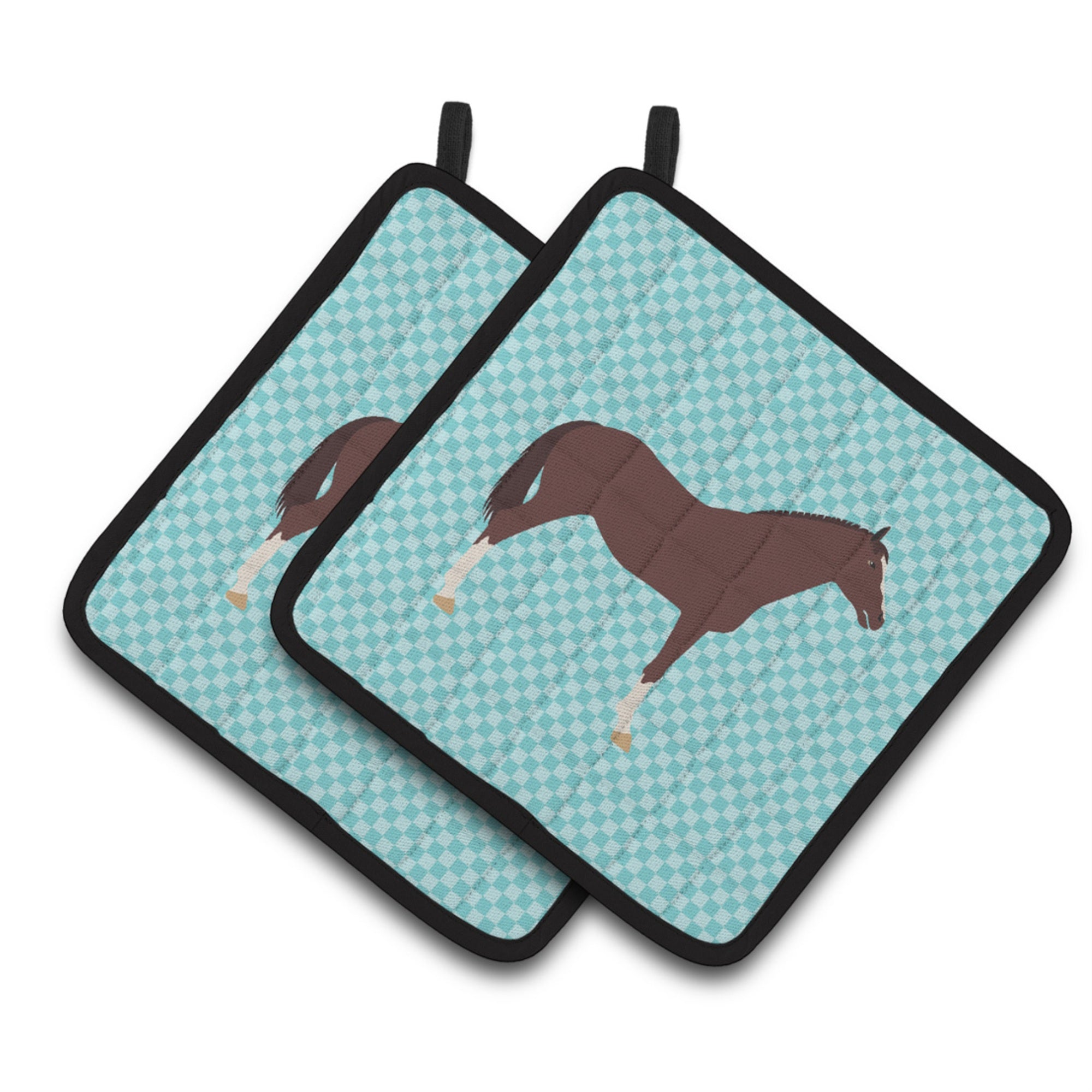 'Caroline'S Treasures English Thoroughbred Horse Blue Check Decorated Pot Holder, 7.5'''' X 7.5''''''