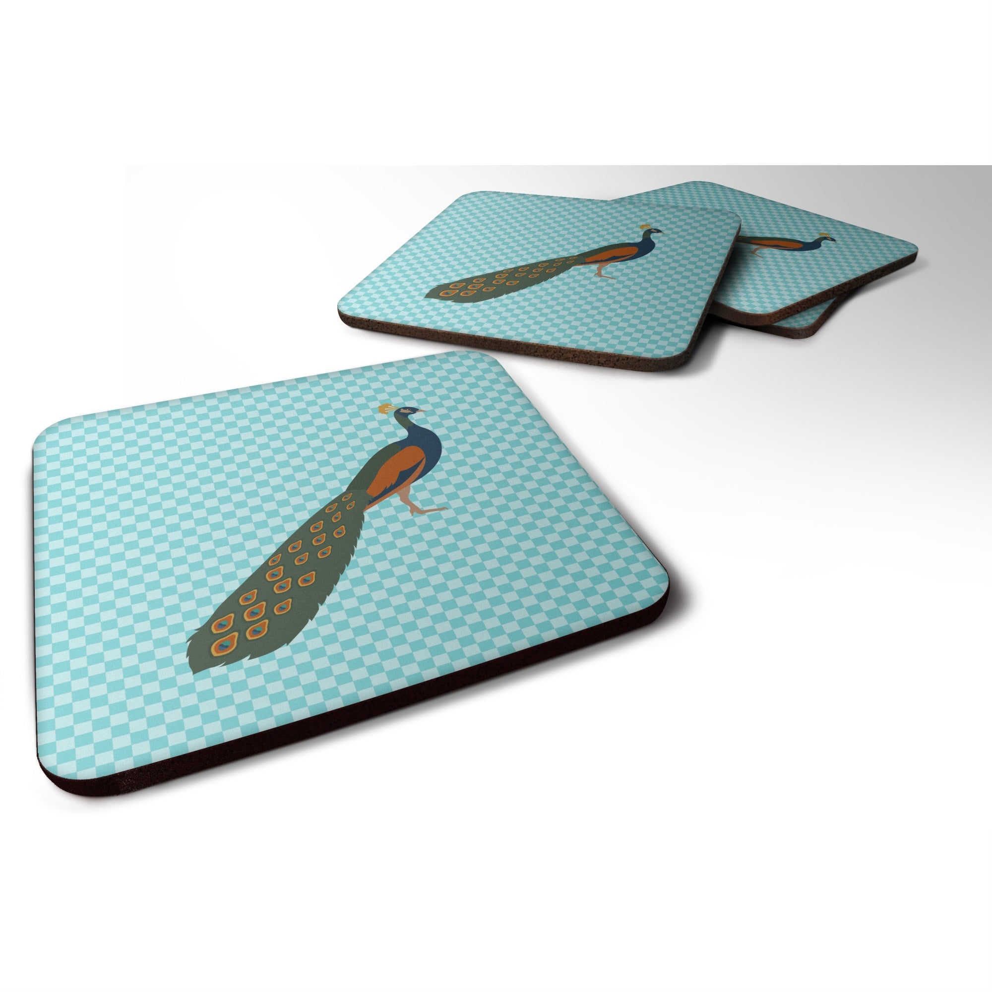 'Caroline'S Treasures Indian Peacock Peafowl Blue Check Decorative Coasters, 3.5, Multicolor''
