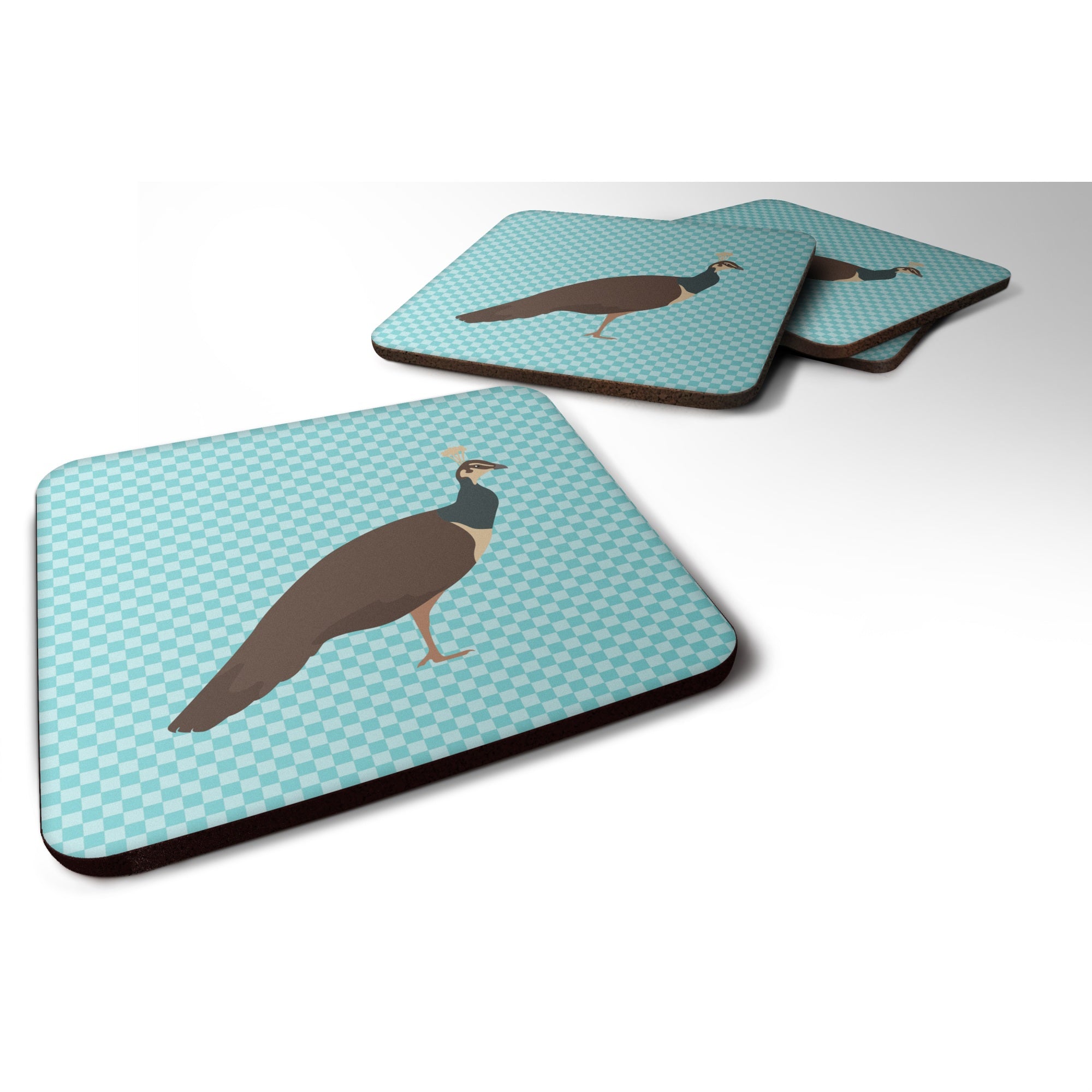 'Caroline'S Treasures Indian Peahen Peafowl Blue Check Decorative Coasters, 3.5, Multicolor''