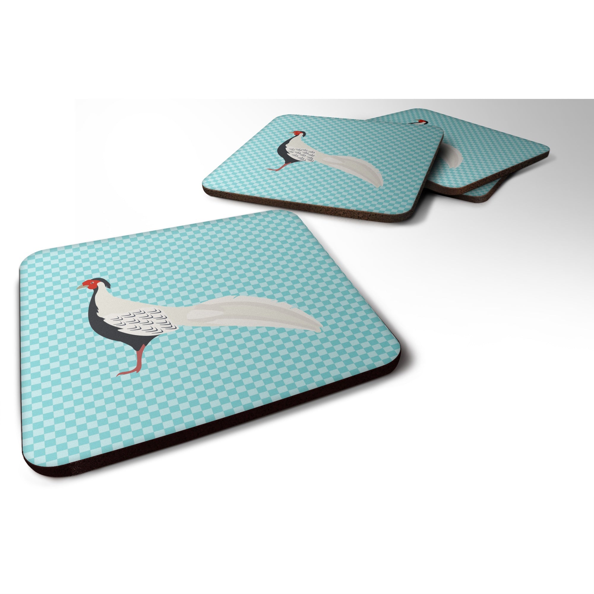 'Caroline'S Treasures Silver Pheasant Blue Check Decorative Coasters, 3.5, Multicolor''