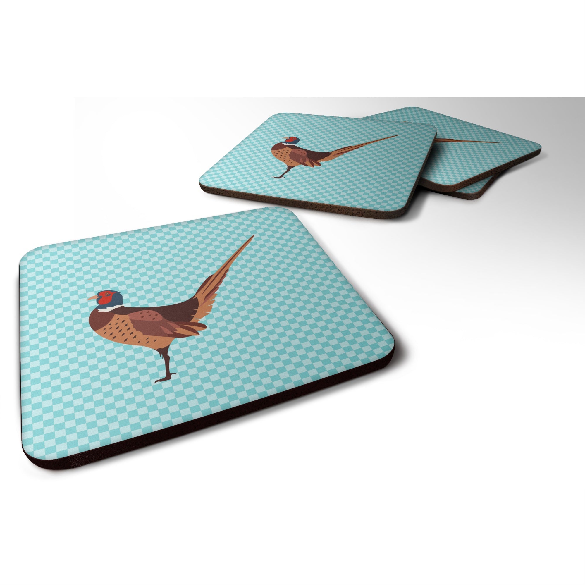 'Caroline'S Treasures Ring-Necked Common Pheasant Blue Check Decorative Coasters, 3.5, Multicolor''