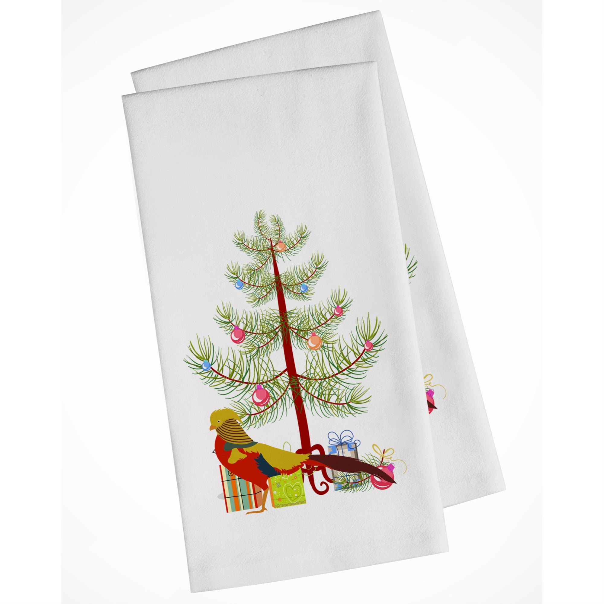 Golden Or Chinese Pheasant Christmas White Kitchen Towel Set Of 2