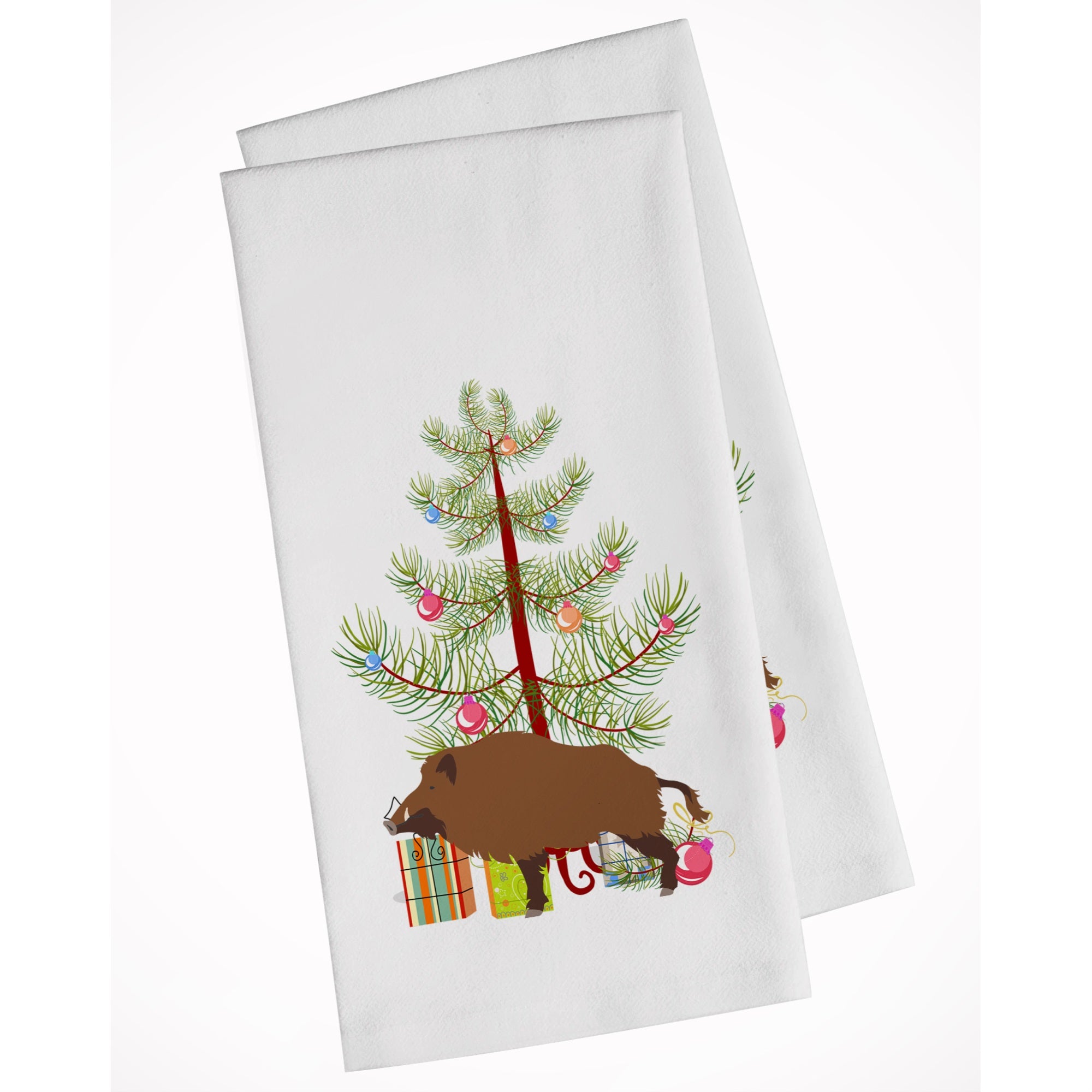Wild Boar Pig Christmas White Kitchen Towel Set Of 2