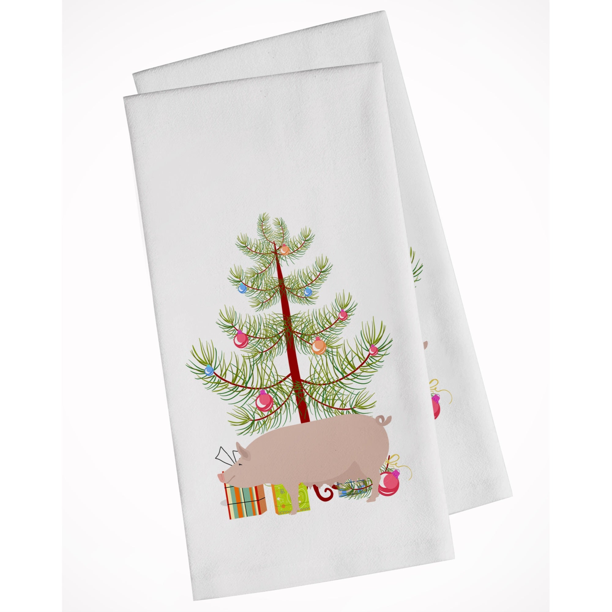 English Large White Pig Christmas White Kitchen Towel Set Of 2