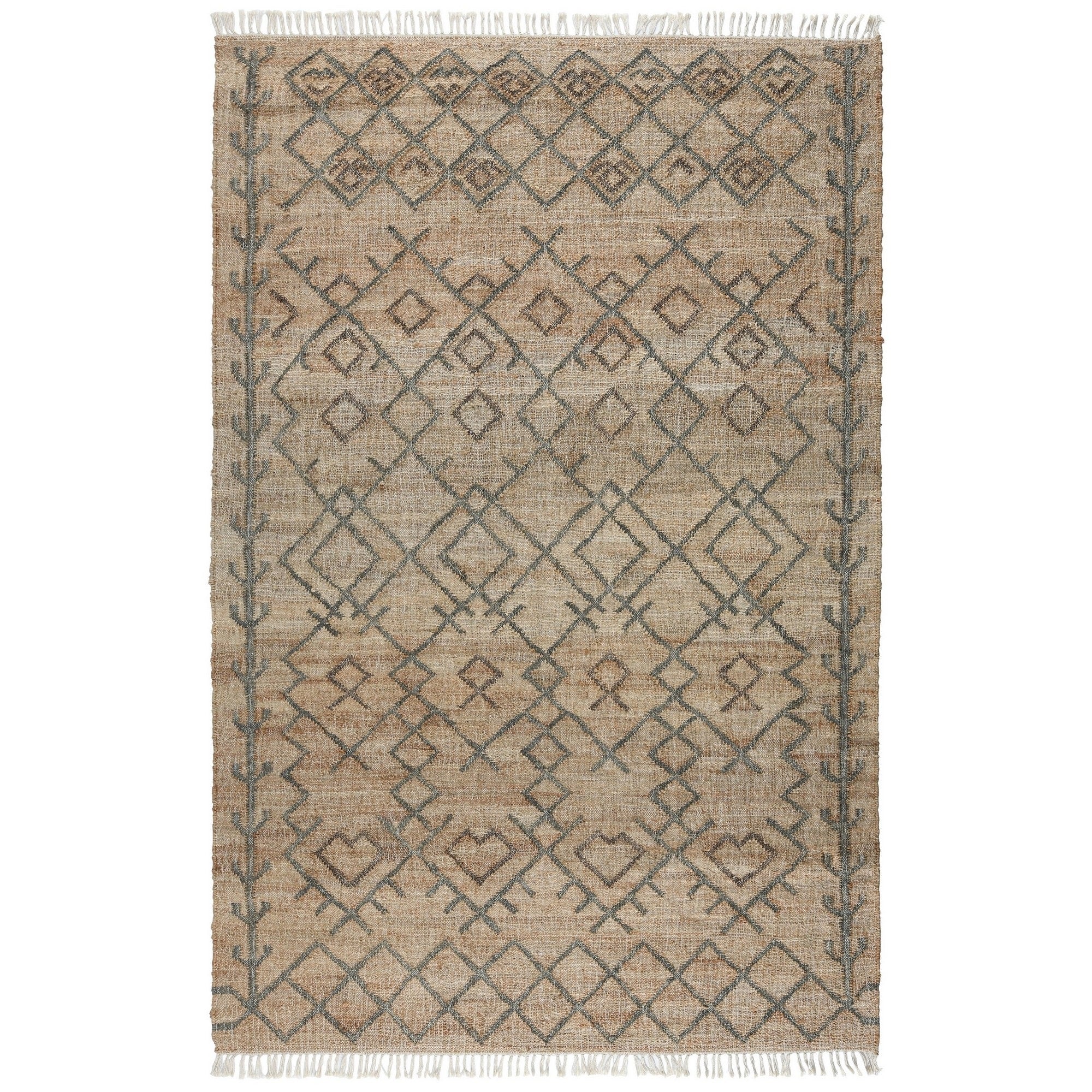 Ella 5 x 8 Area Rug, Beige Handwoven Jute, Fringes, Tribal Geometric Design