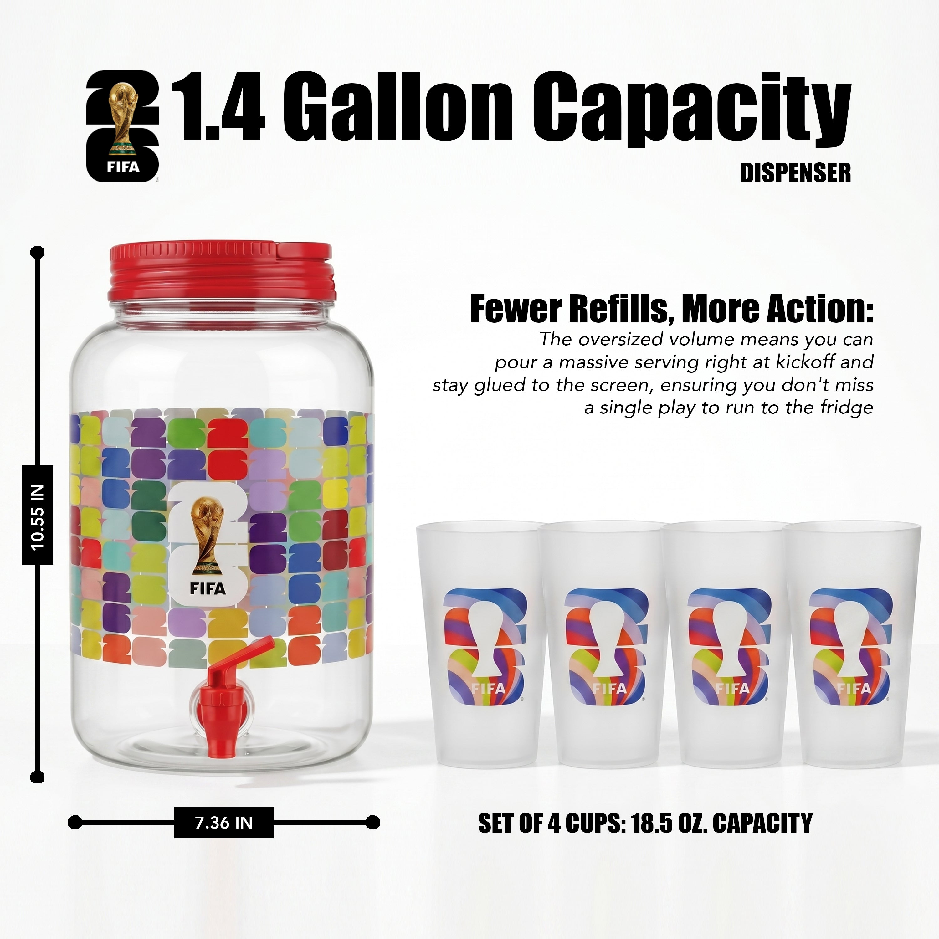 Atelier Sportif Official FIFA 1.4 Gal Beverage Dispenser with Red Handle & 4 Plastic Cups 18.5 OZ.