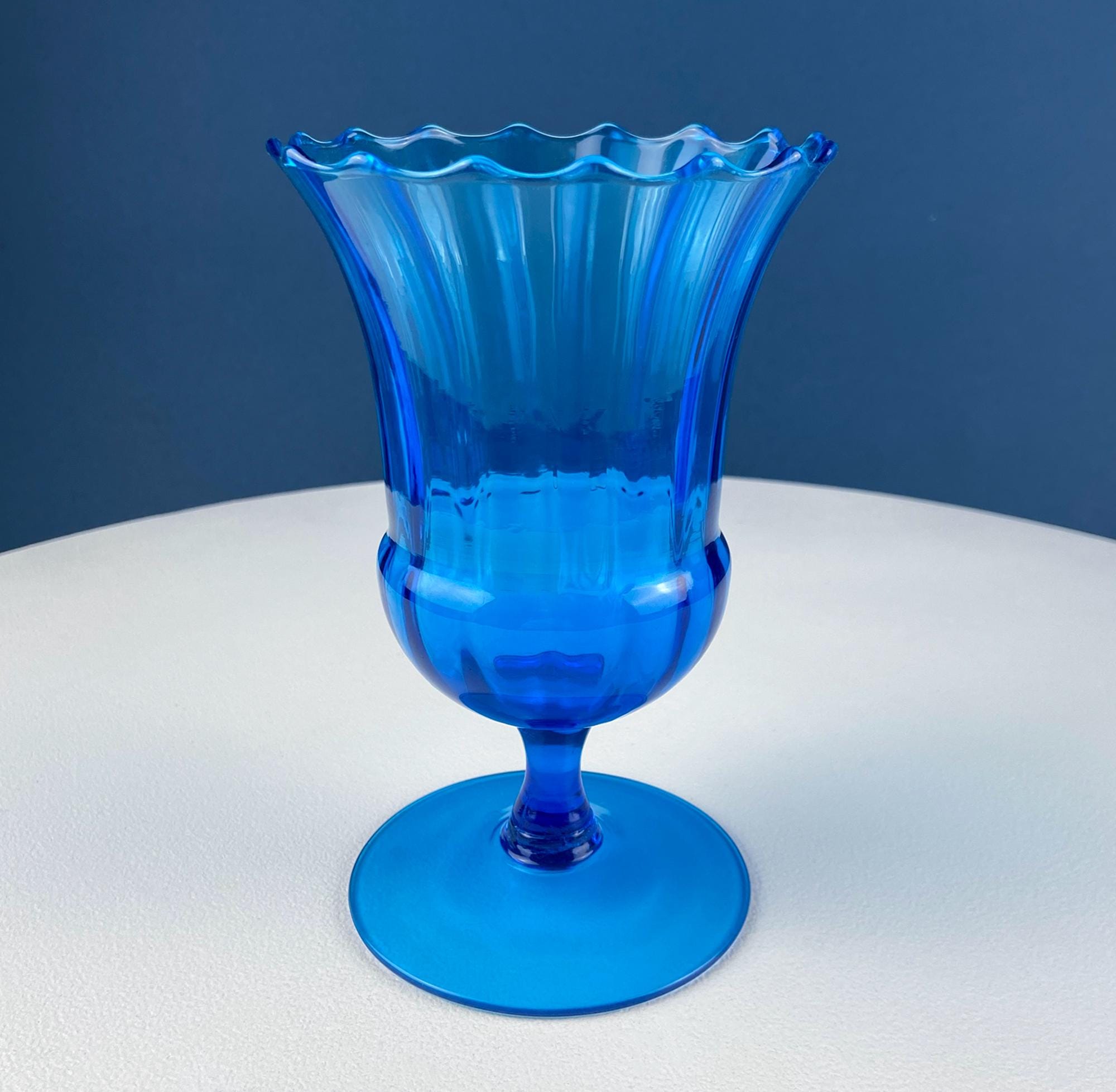 Blue Hand-Blown Glass Footed Vase. Large Goblet with Thumb Print Motif. Collectible Modern Glass. Home or Retail Decor. Interior Design Idea