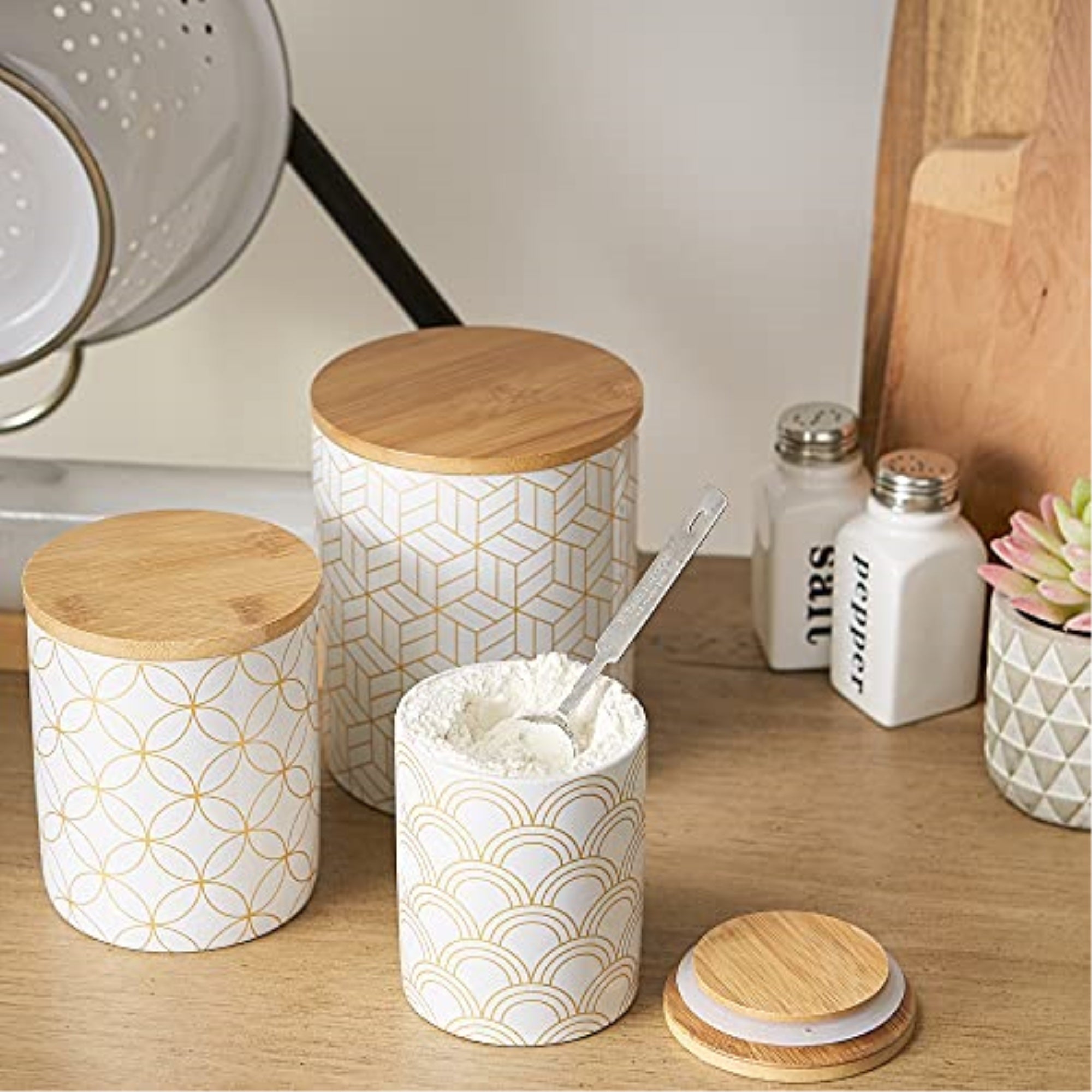 Dii White And Gold Mixed Print Ceramic Canister 3 Piece