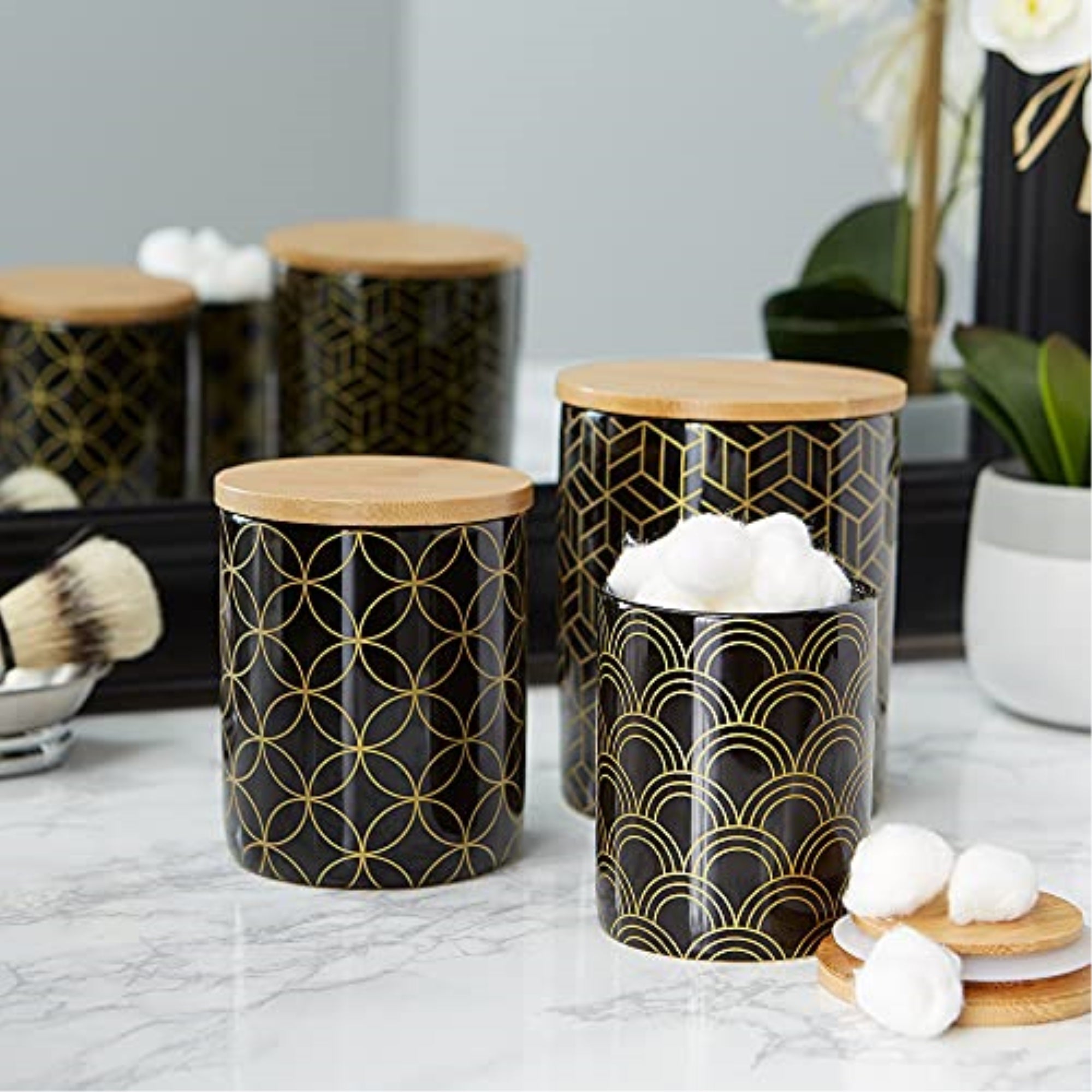 Dii Black And Gold Mixed Print Ceramic Canister 3 Piece