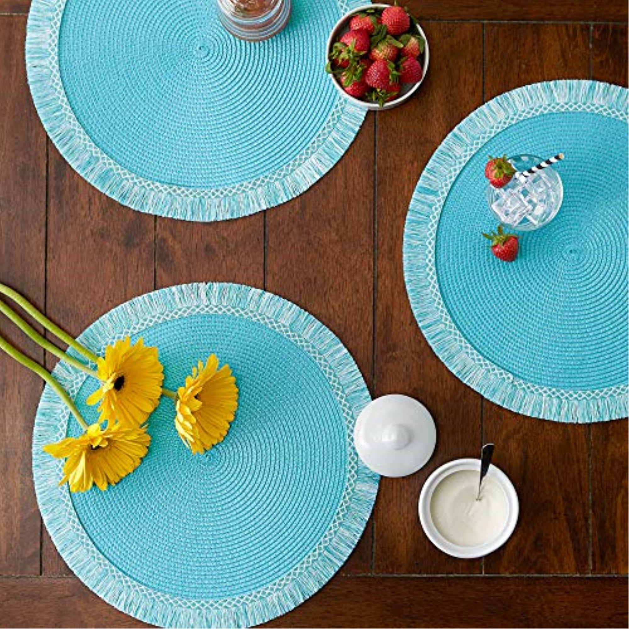 DII Aqua Round Fringed Placemat Set of 6
