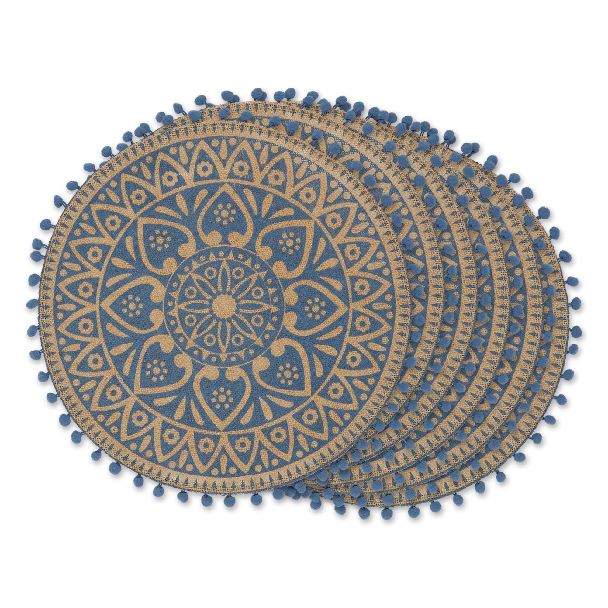 Dii French Blue Block Print On Natural Round Jute Placemat (Set Of 6)