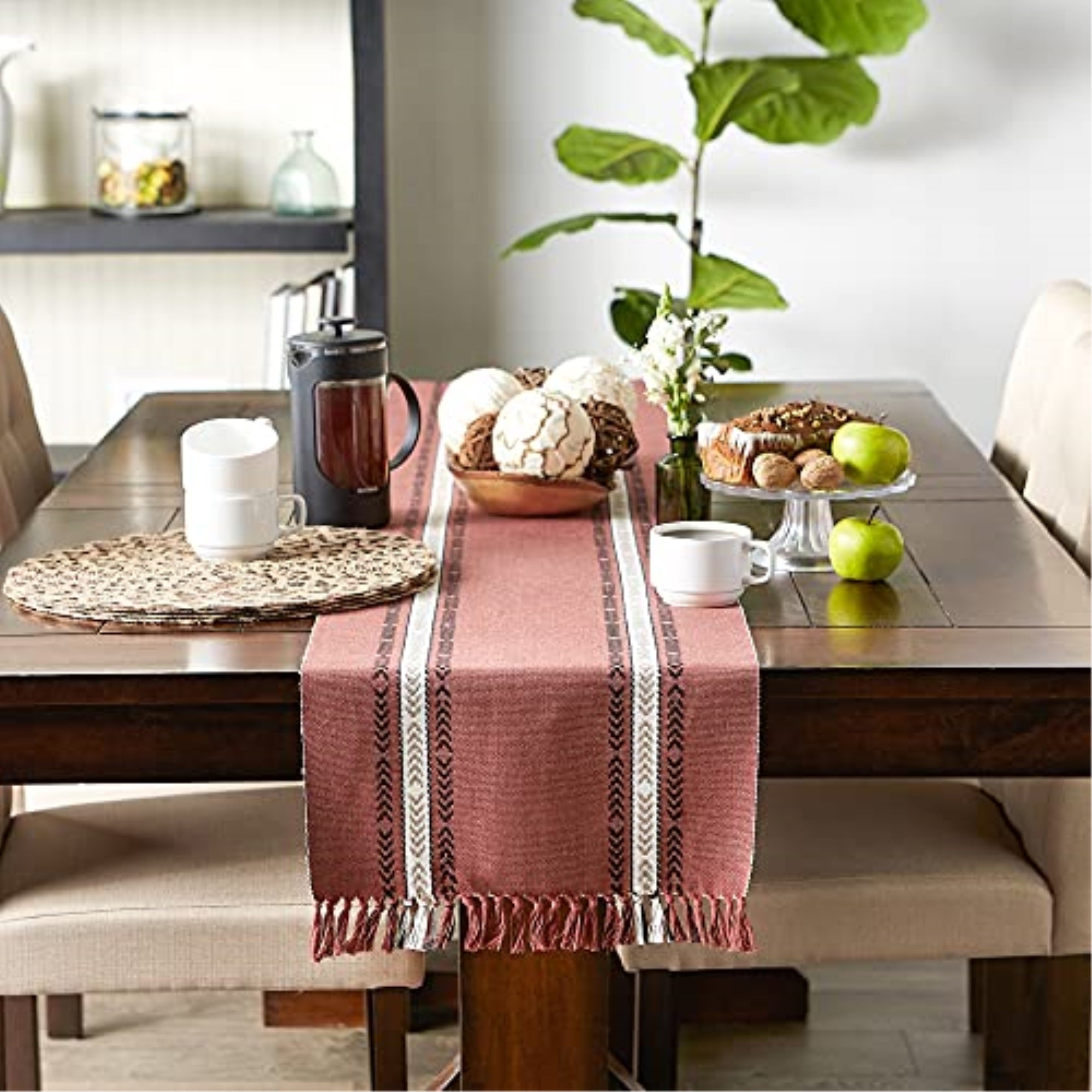 DII Clay Dobby Striped Fringe Ribbed Table Runner 14x108
