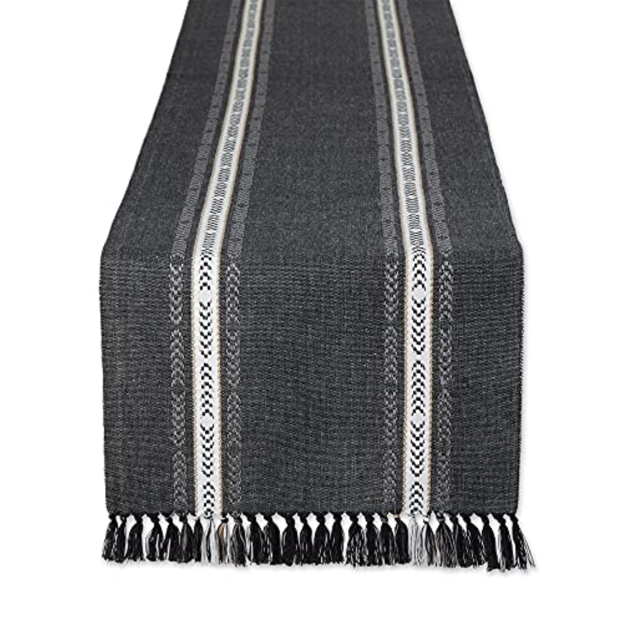 Dii Black Dobby Striped Fringe Ribbed Table Runner 14X72
