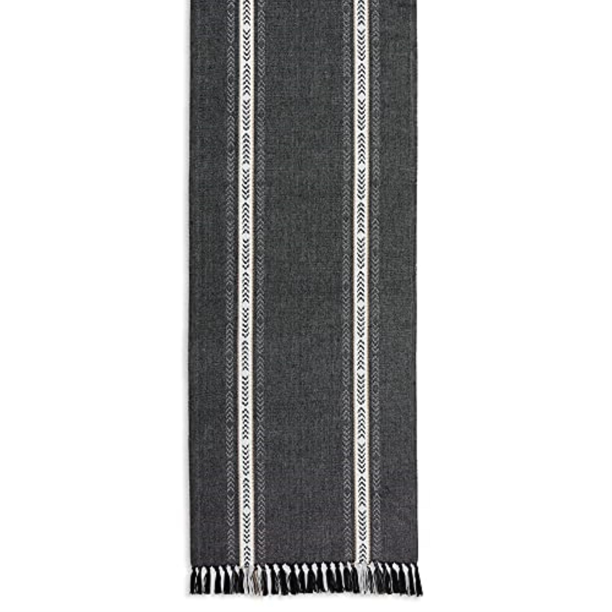 DII Black Dobby Striped Fringe Ribbed Table Runner 14x72