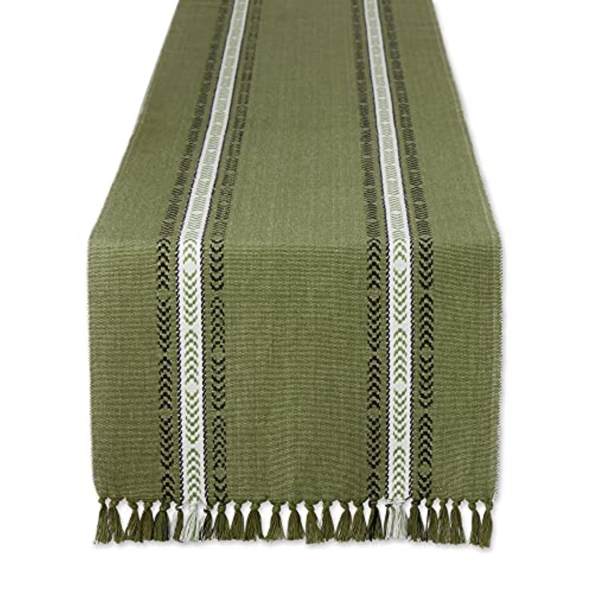 Dii Olive Green Dobby Striped Fringe Ribbed Table Runner 14X108