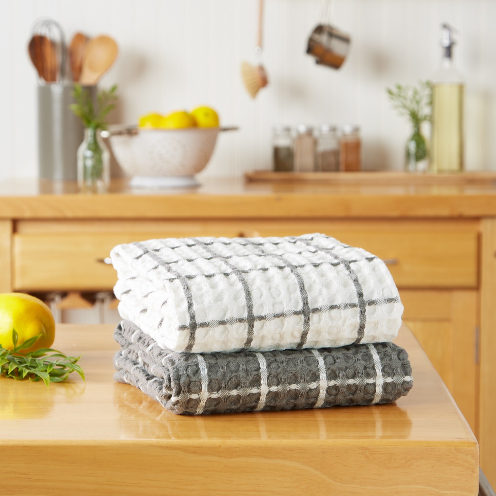 DII Gray Windowpane Oversized Washed Waffle Dishtowel  2 Piece