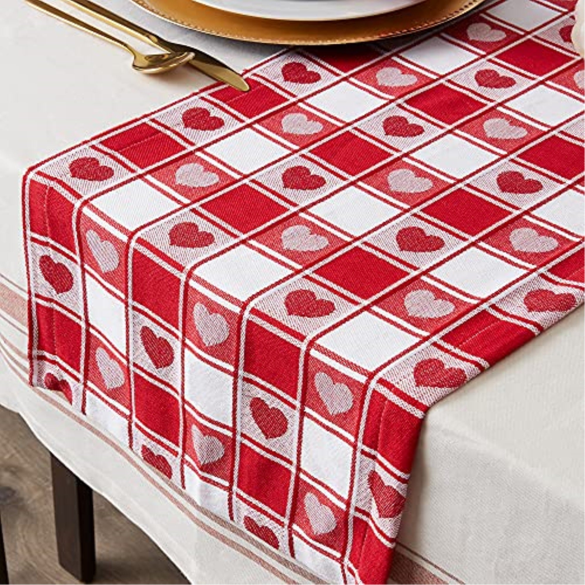 DII Hearts Woven Check Table Runner 14x108''