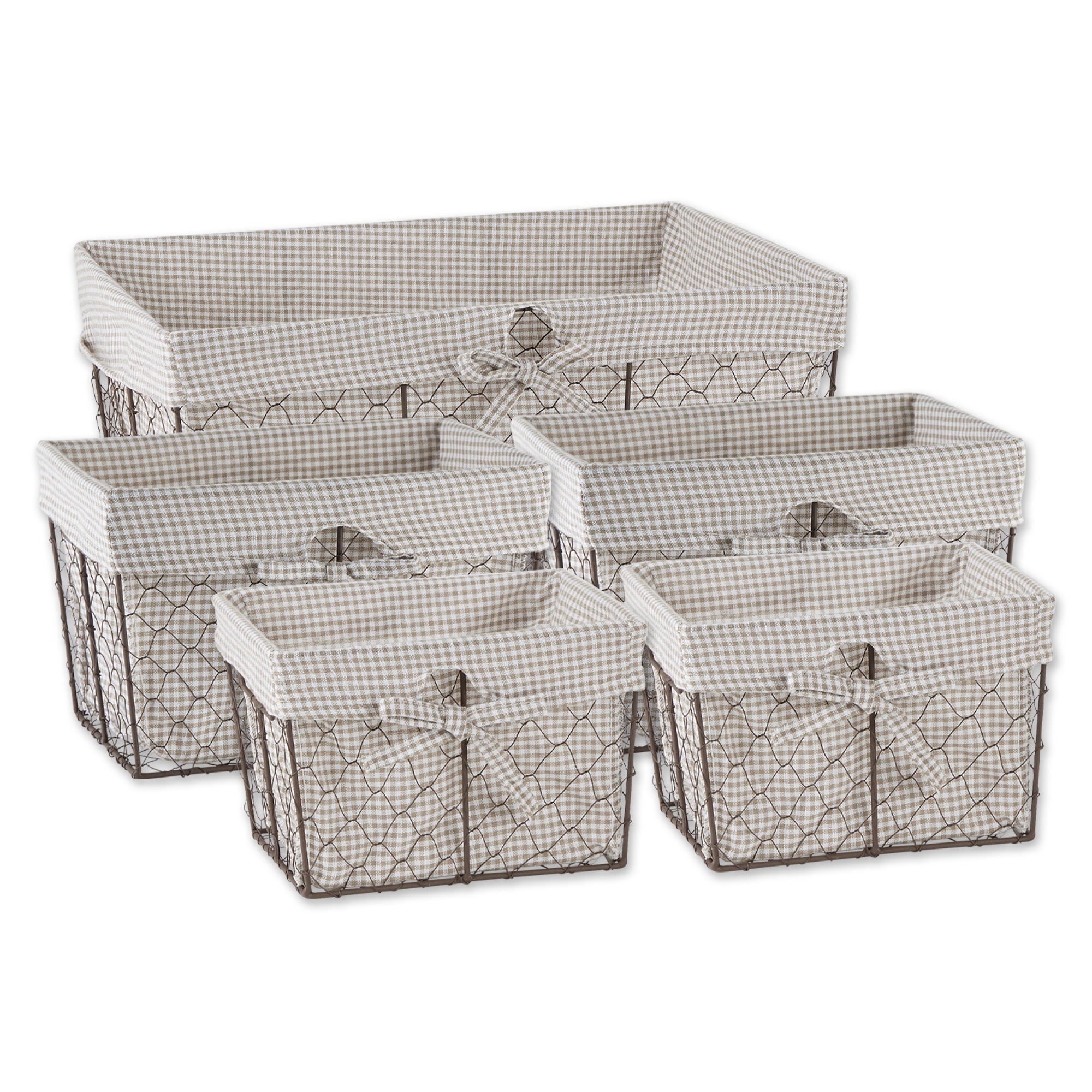 Asst Rustic Bronze Chicken Wire Stone & White Gingham Check Liner Basket Set/5