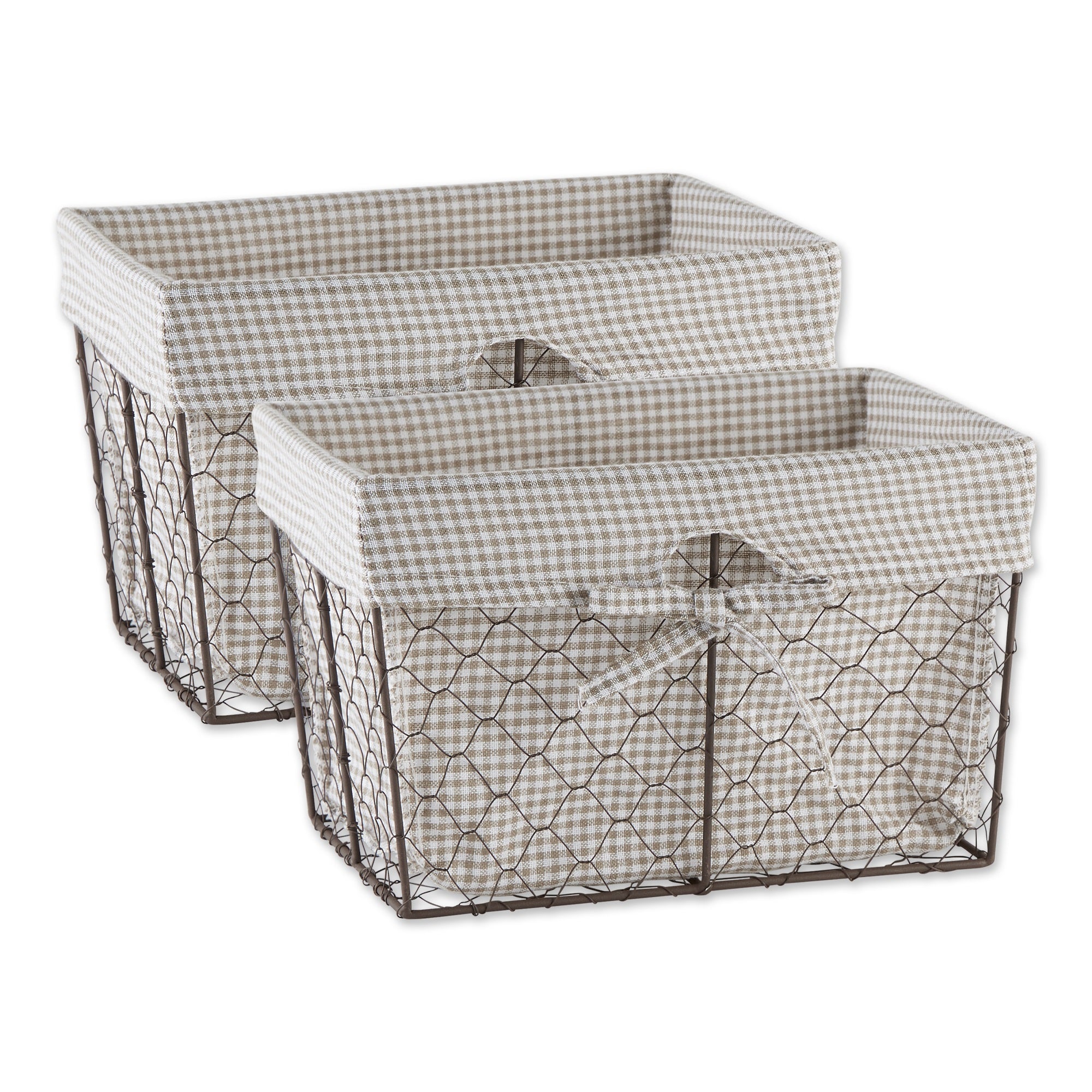 Medium Rustic Bronze Chicken Wire Stone & White Gingham Check Liner Basket Set/2