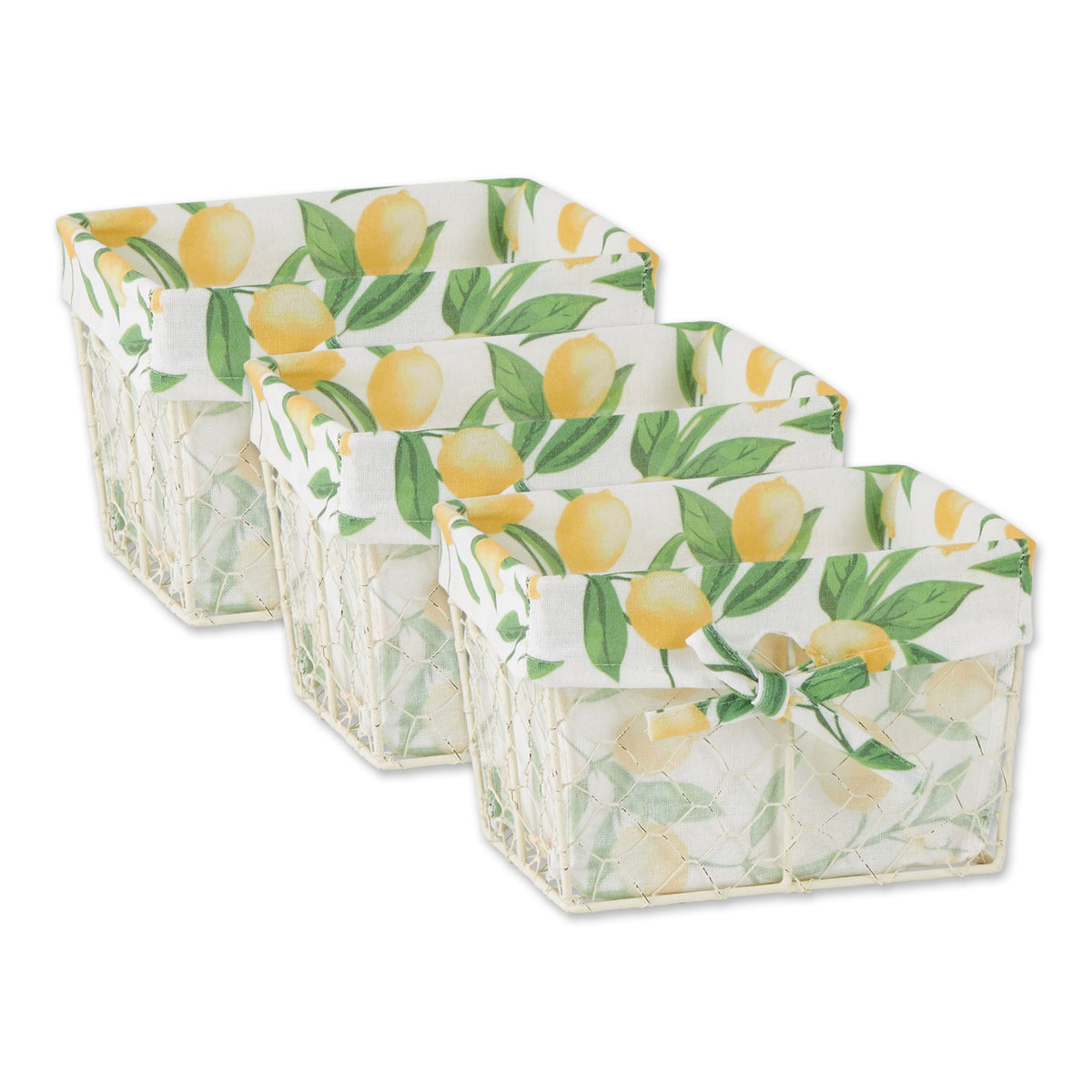 Small Antique White Chicken Wire Lemon Print Liner Basket Set/3