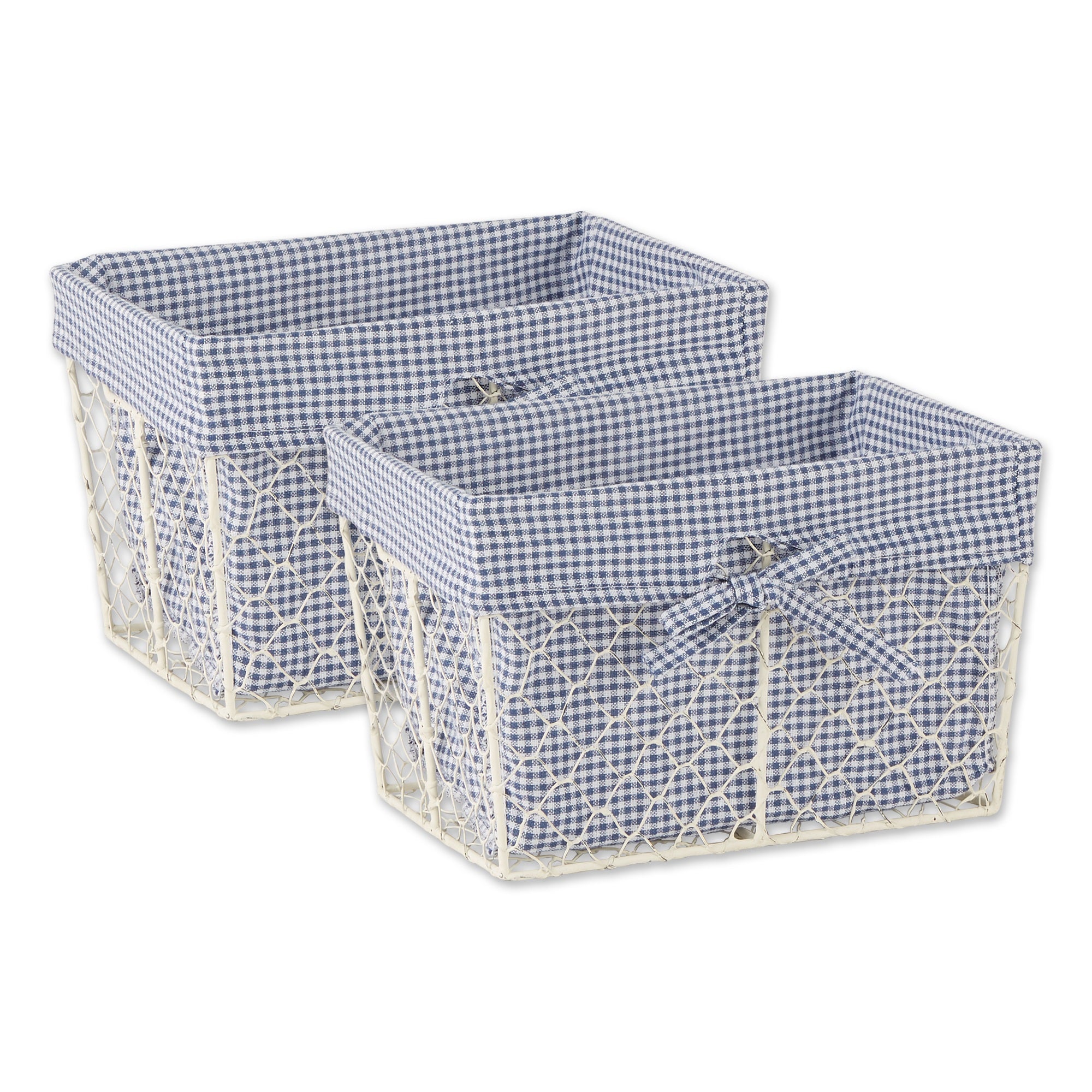Medium Antique White Chicken Wire French Blue & White Gingham Check Liner Basket Set/2