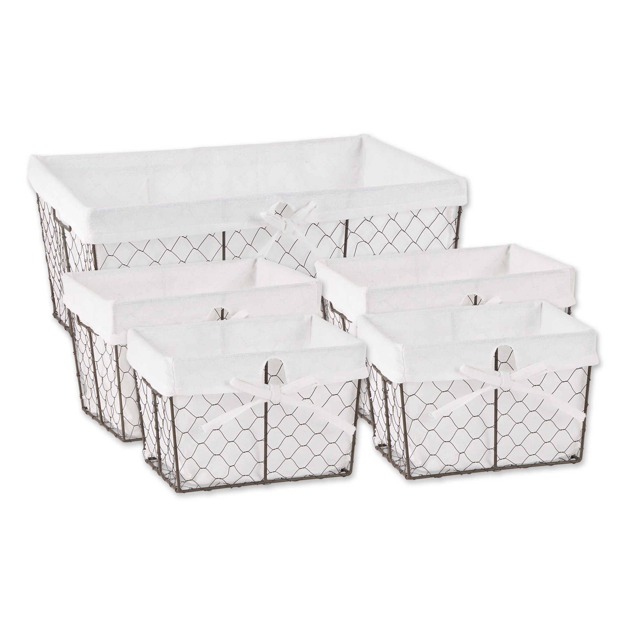 Asst Vintage Grey Chicken Wire Bleached White Liner Basket Set/5