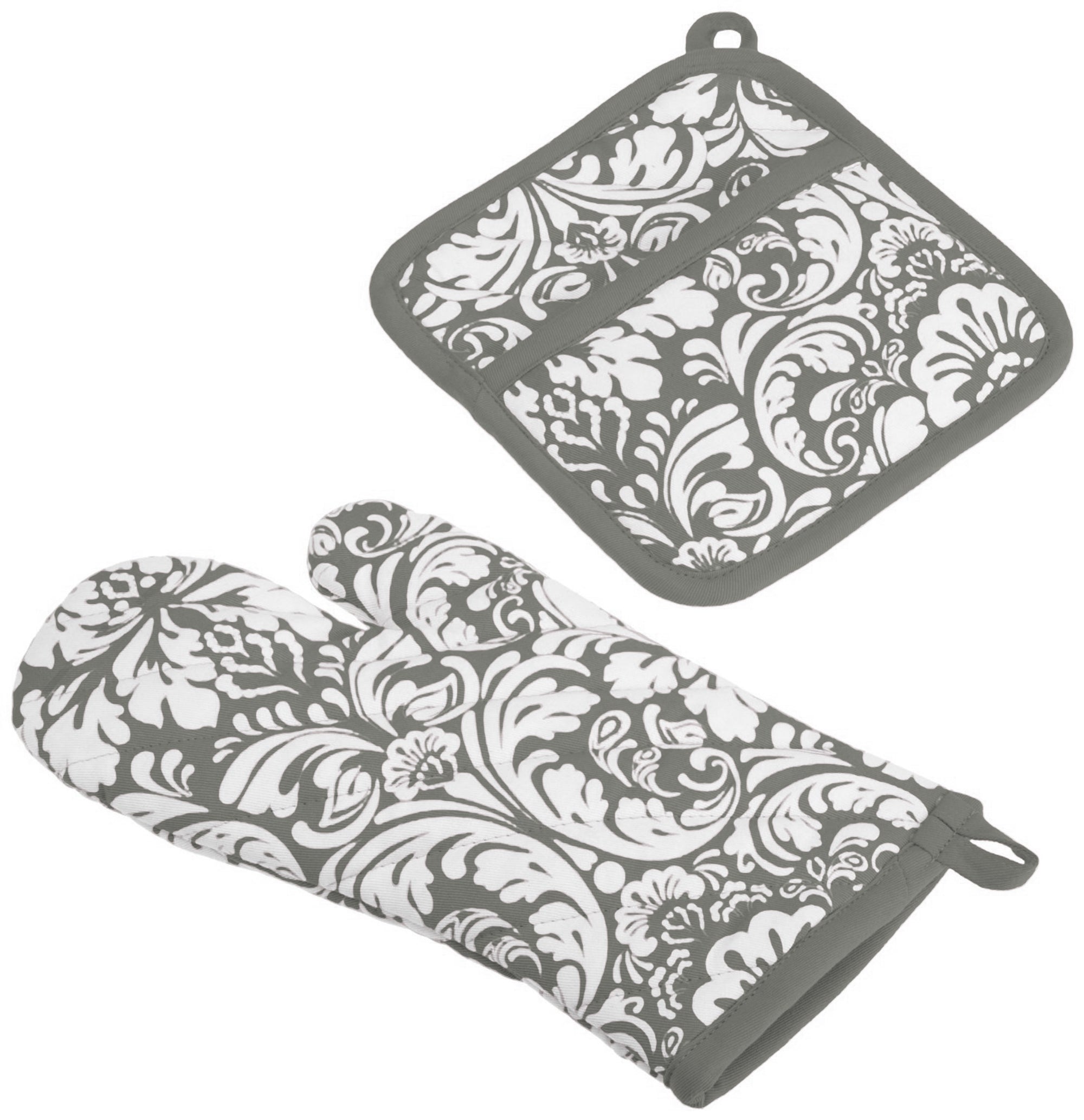 Dii Gray Damask Oven Mitt & Potholder Set