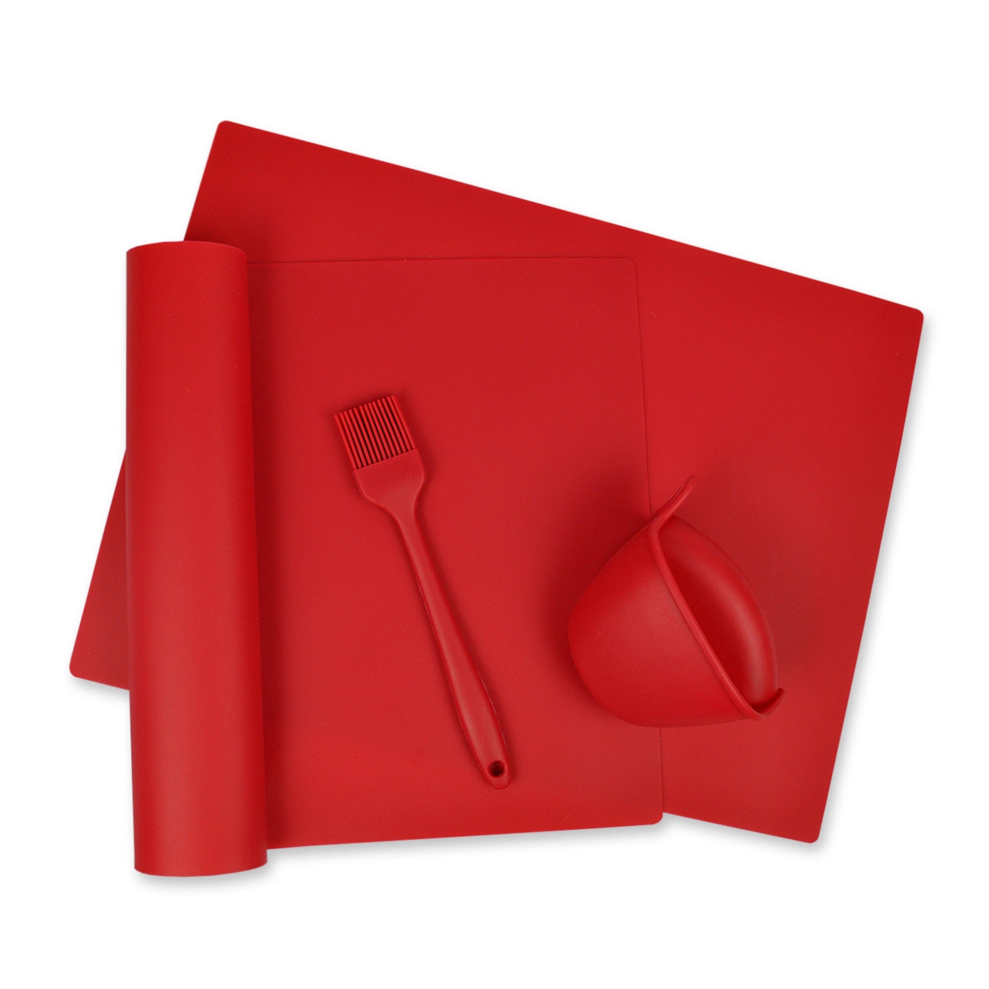 Red 4-Piece Kitchen Baking Set - To Include 2 Silicone Baking Mats, One Oven Gripper And One Basting Brush.  Silicone Is Heat Re