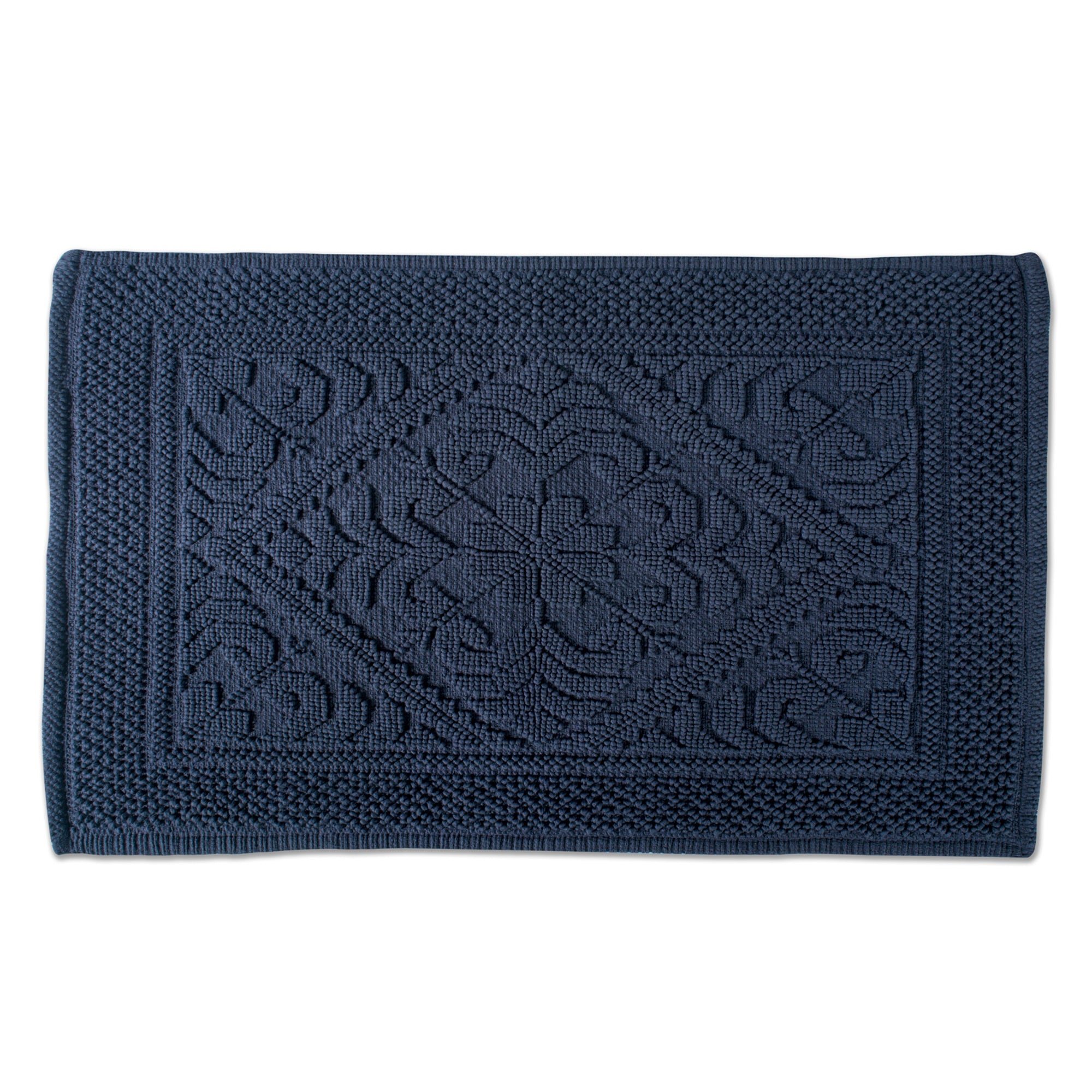 Dii Navy Damask Jacquard Bordered Bath Mat