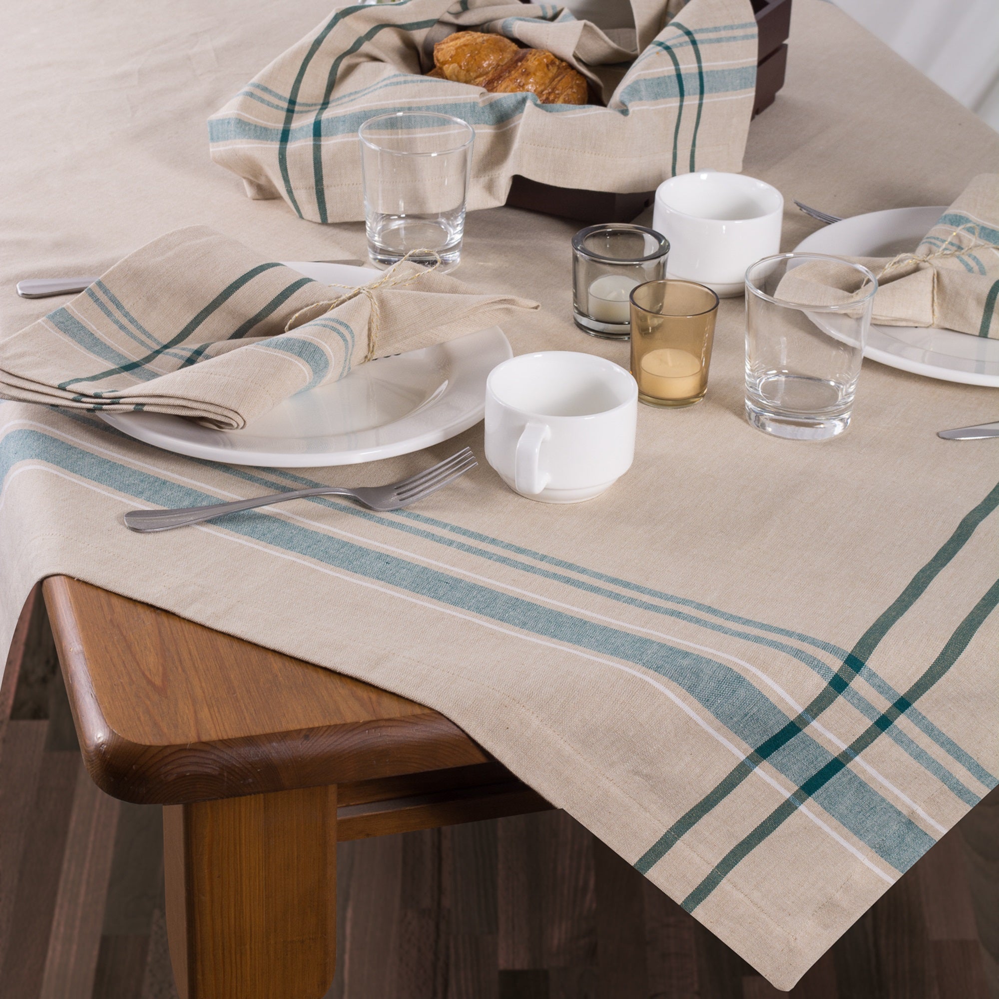 DII Teal French Stripe Tablecloth 70 Round