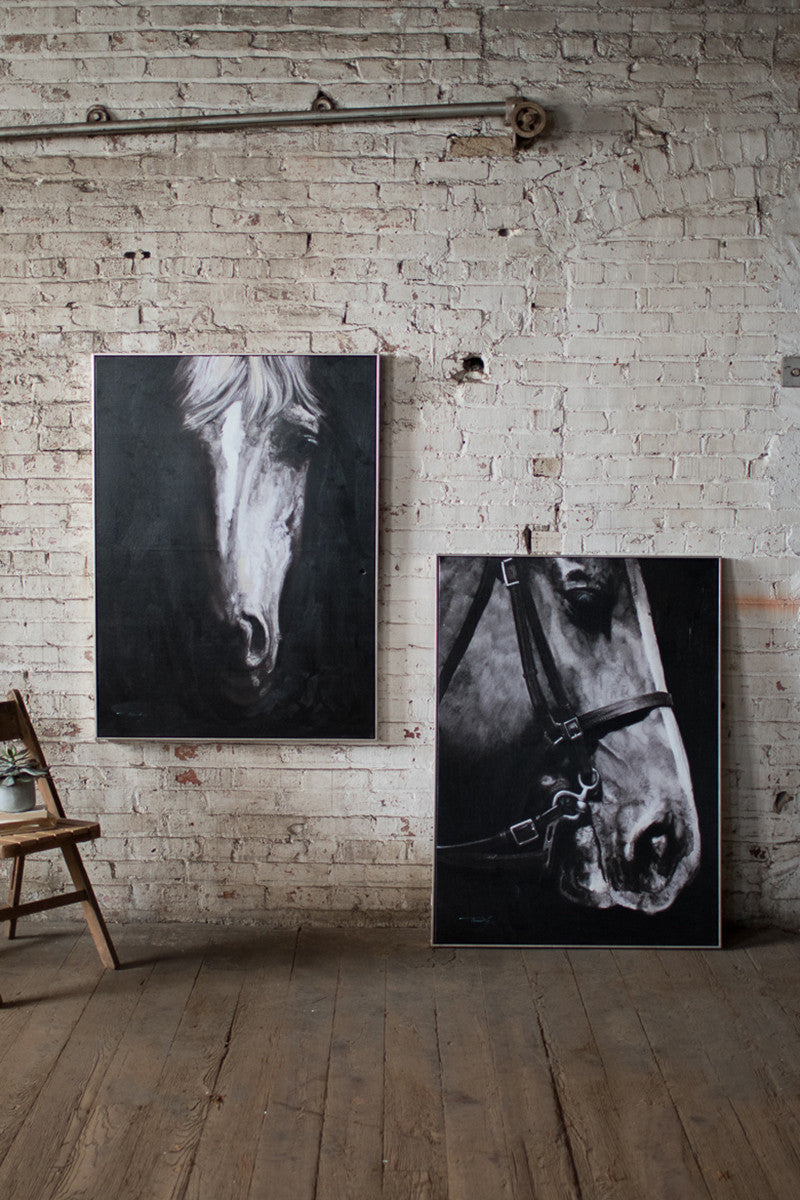 Oil Painting Black & White Front View Horse W Silver Frame