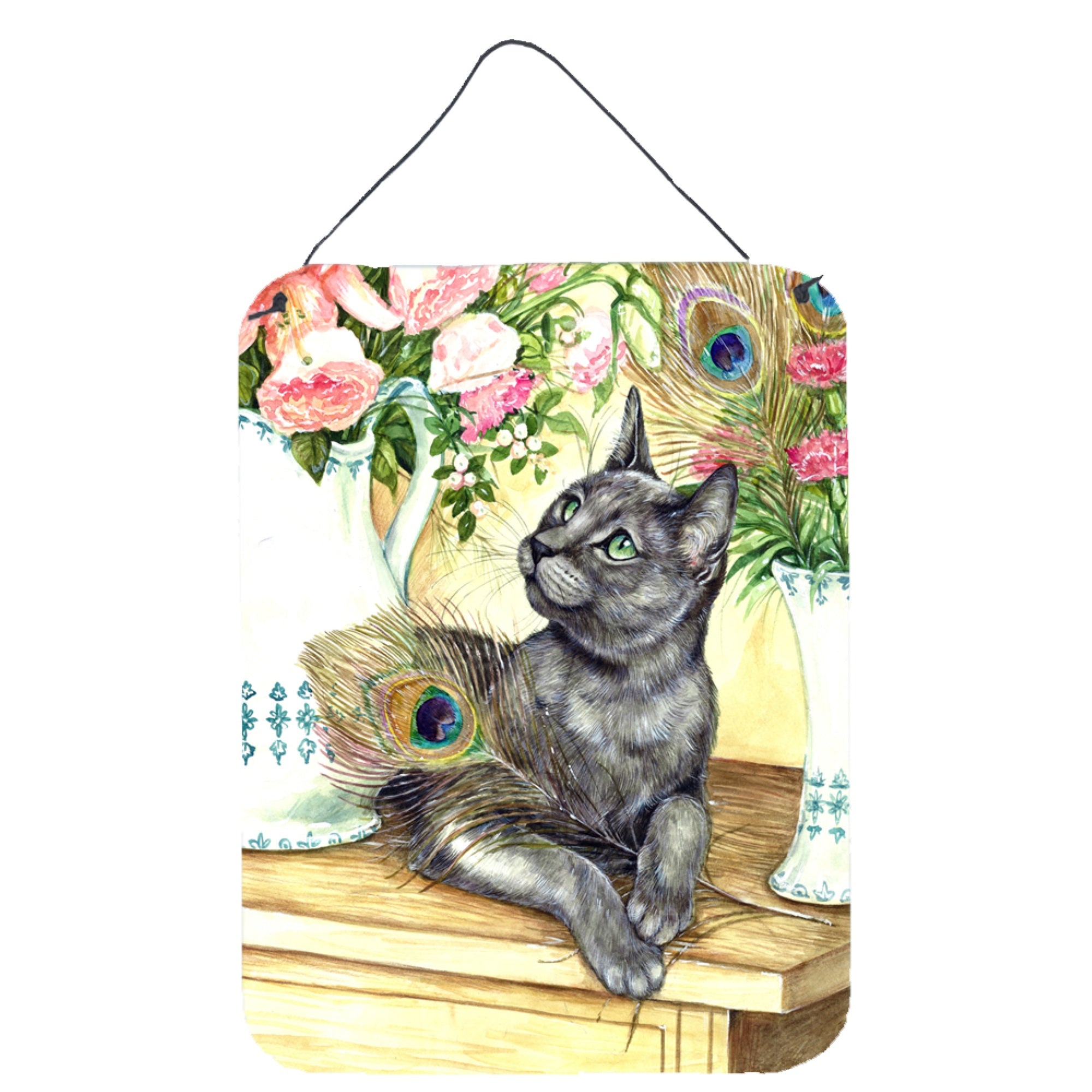 'Caroline'S Treasures Cat And Peacock Feathers Wall Or Door Hanging Prints Cdco0035Ds1216, 16Hx12W, Multicolor''
