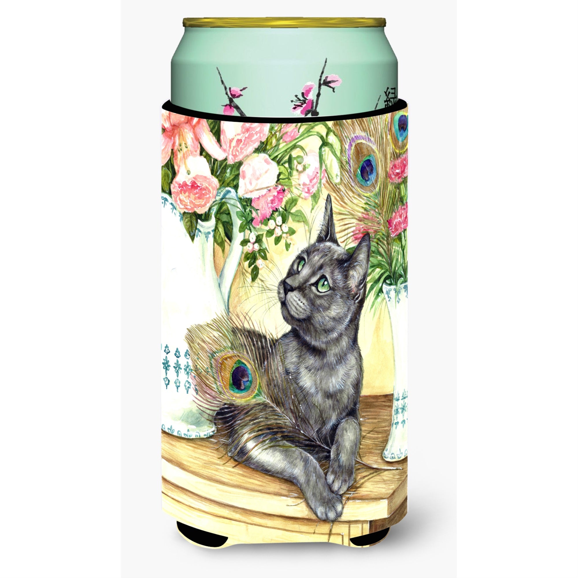 'Caroline'S Treasures Cat And Peacock Feathers Tall Boy Koozie Hugger, Multicolor''