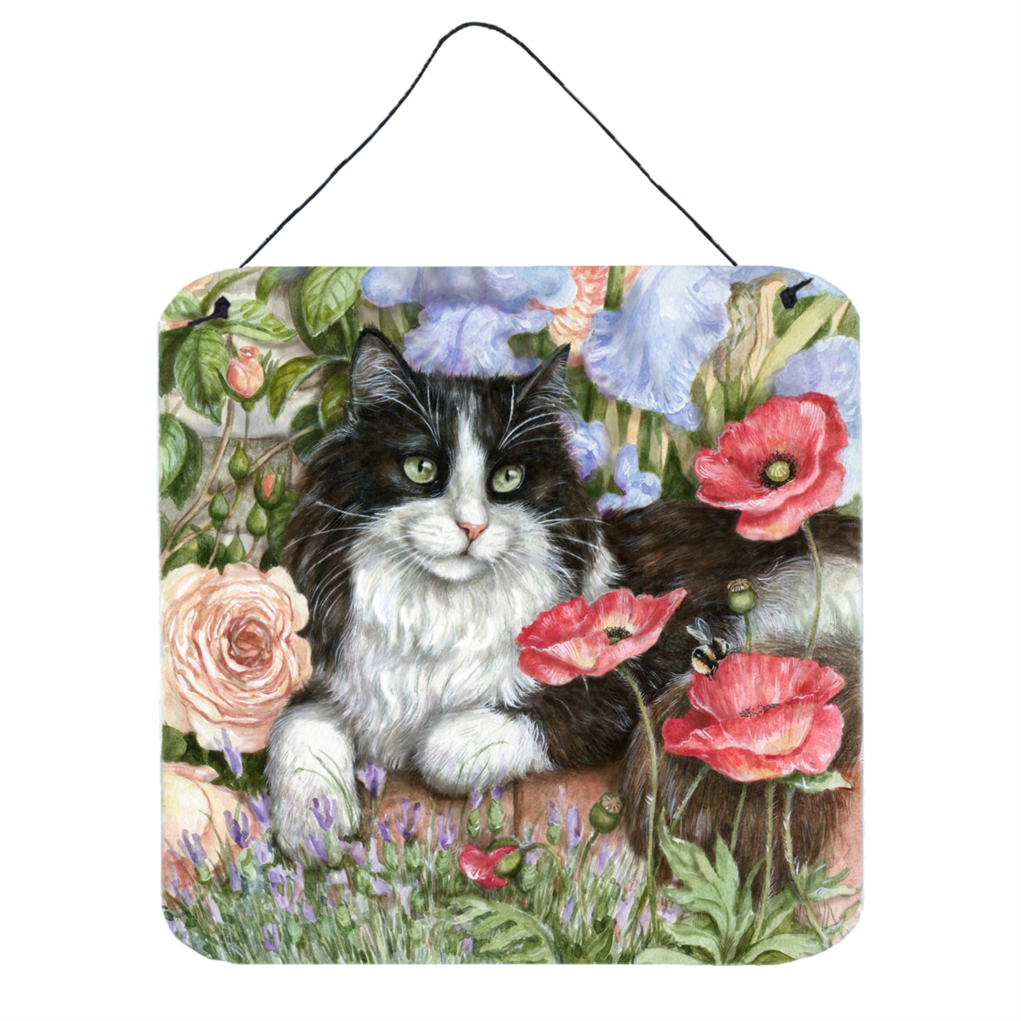 'Caroline'S Treasures Black And White Cat In Poppies Wall Or Door Hanging Prints Cdco0231Ds66, 6''''H X 6''''W, Multicolor''