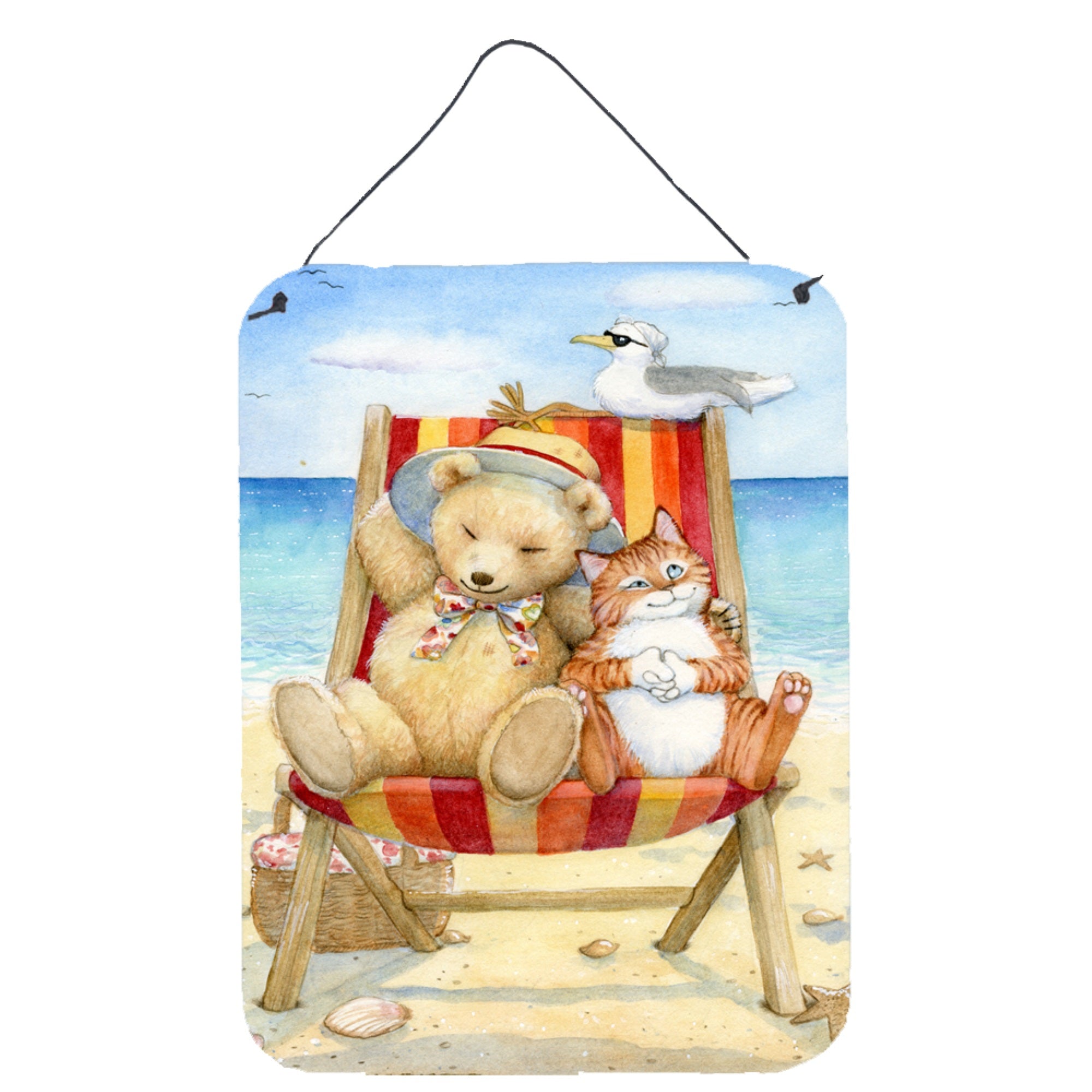 'Caroline'S Treasures Summer Teddy Bear And Cat On Beach Wall Or Door Hanging Prints Cdco0336Ds1216, 16''''H X 12''''W, Multico