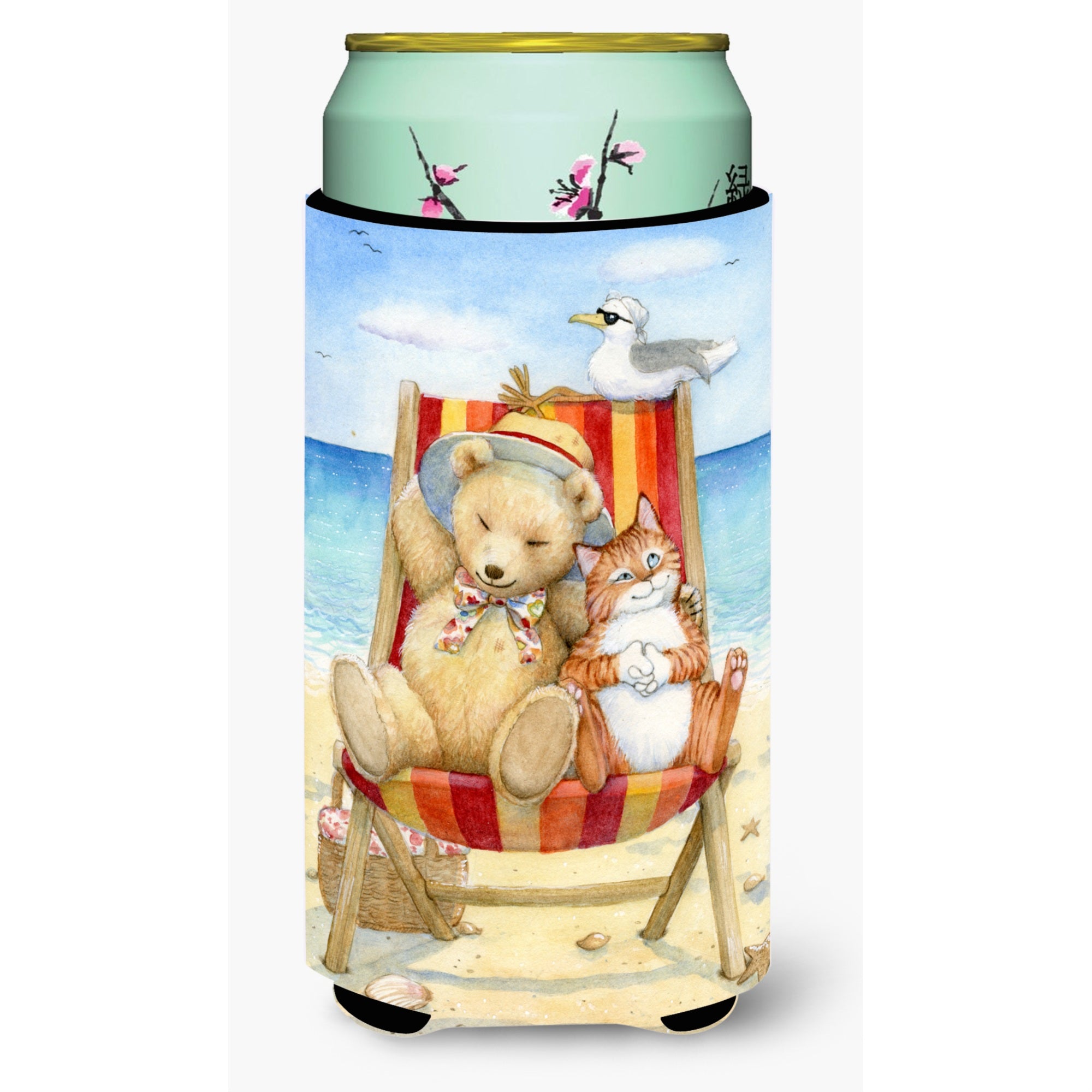 'Caroline'S Treasures Cdco0336Tbc ''''Summer Teddy Bear And Cat On Beach'''' Tall Boy Beverage Insulator Hugger, Multicolor''