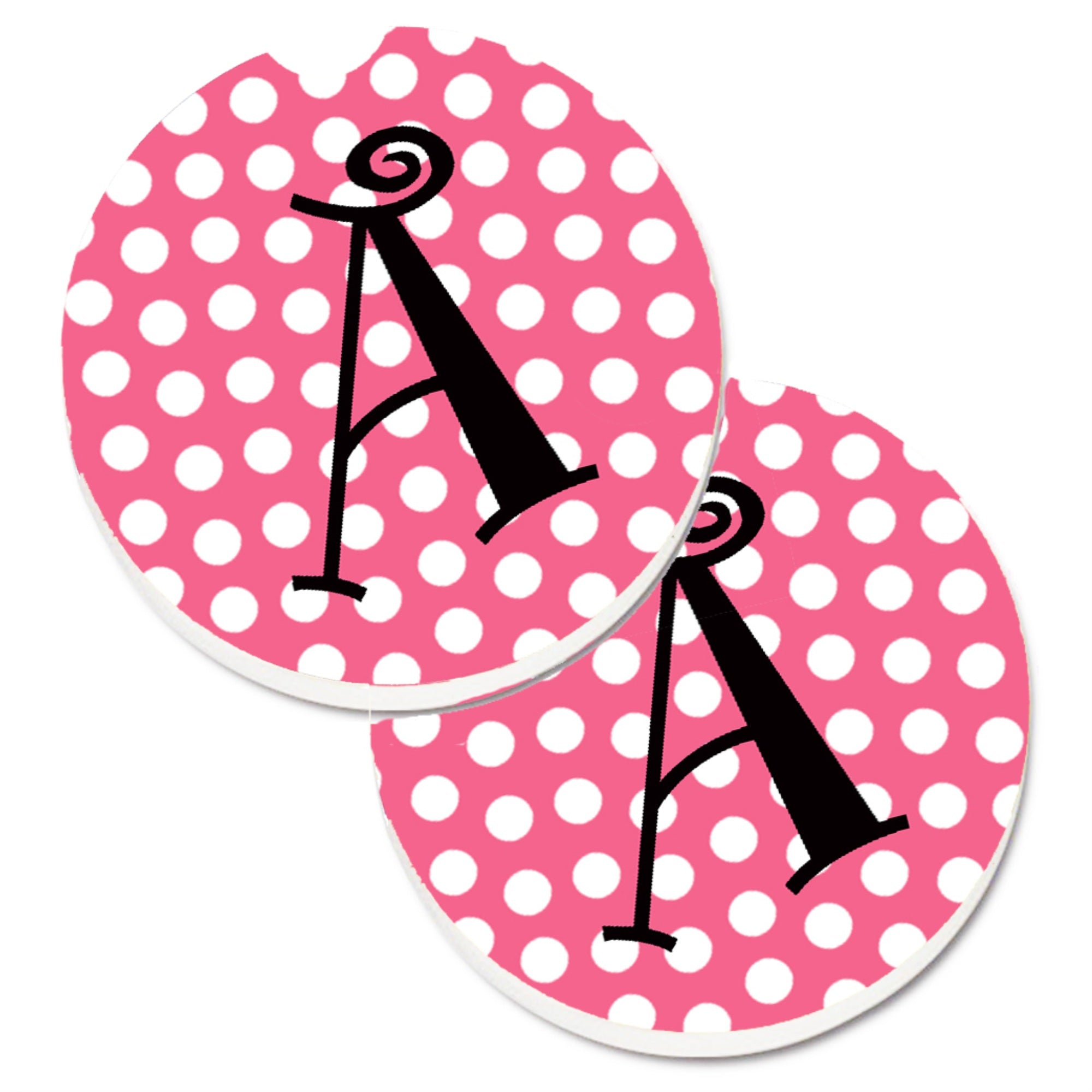 'Caroline'S Treasures Letter A Monogram - Pink Black Polka Dots Set Of 2 Cup Holder Car Coasters Cj1001-Acarc, 2.56, Multicolor