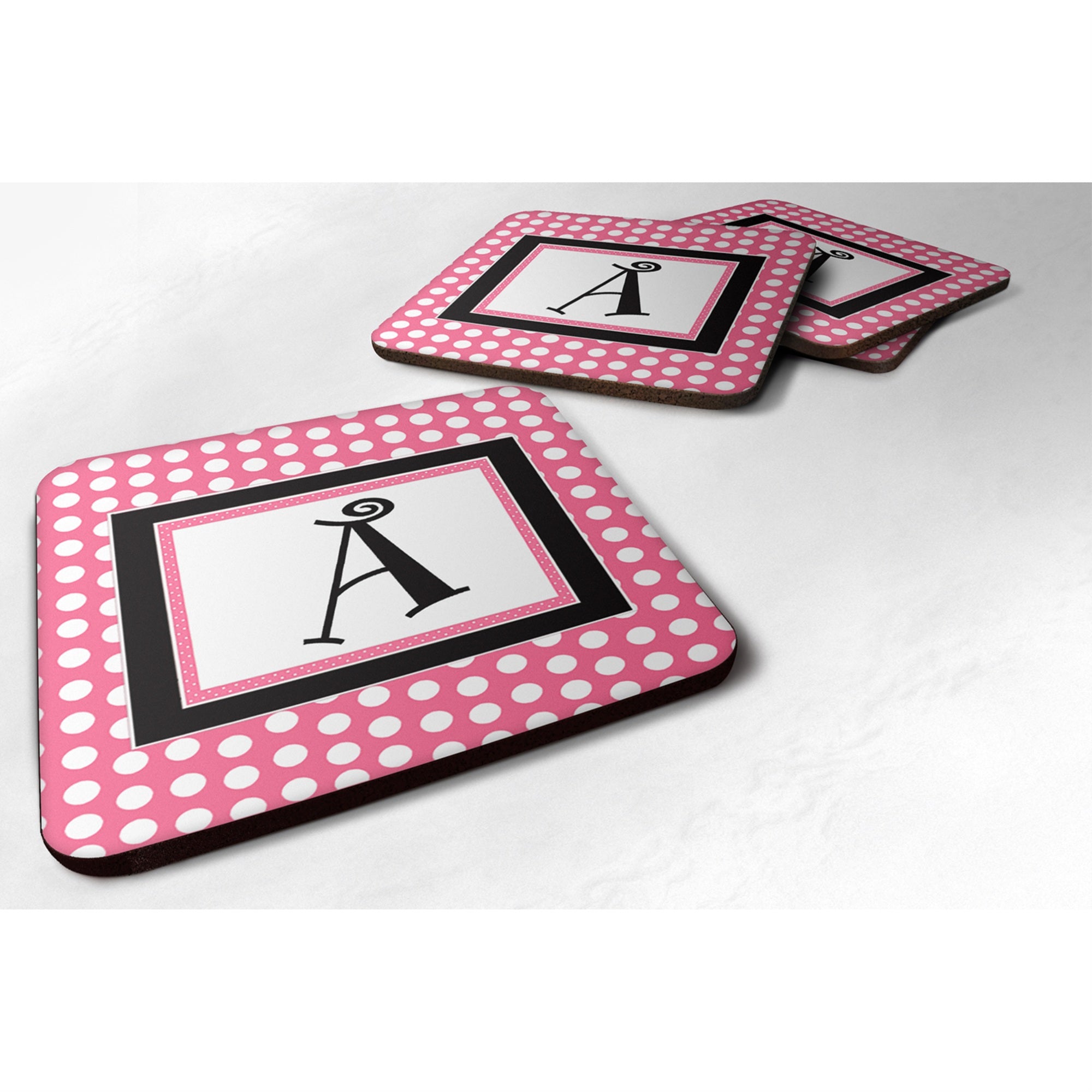 'Caroline'S Treasures Cj1001-Afc Monogram-Pink Black Polka Dots Foam Coasters (Set Of 4), Initial Letter A, 3.5'''' H X 3.5''''