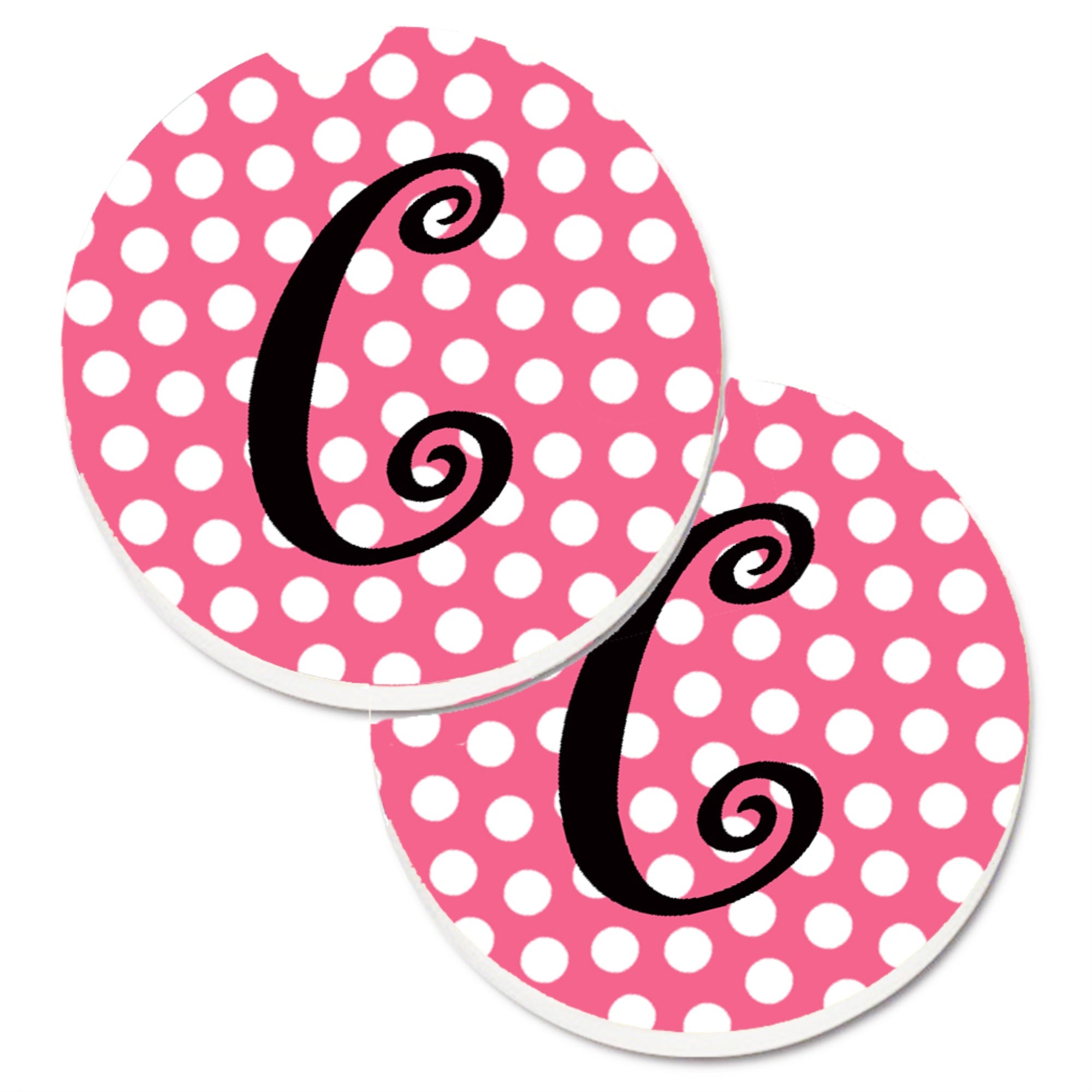 'Caroline'S Treasures Letter C Monogram - Pink Black Polka Dots Set Of 2 Cup Holder Car Coasters Cj1001-Ccarc, 2.56, Multicolor