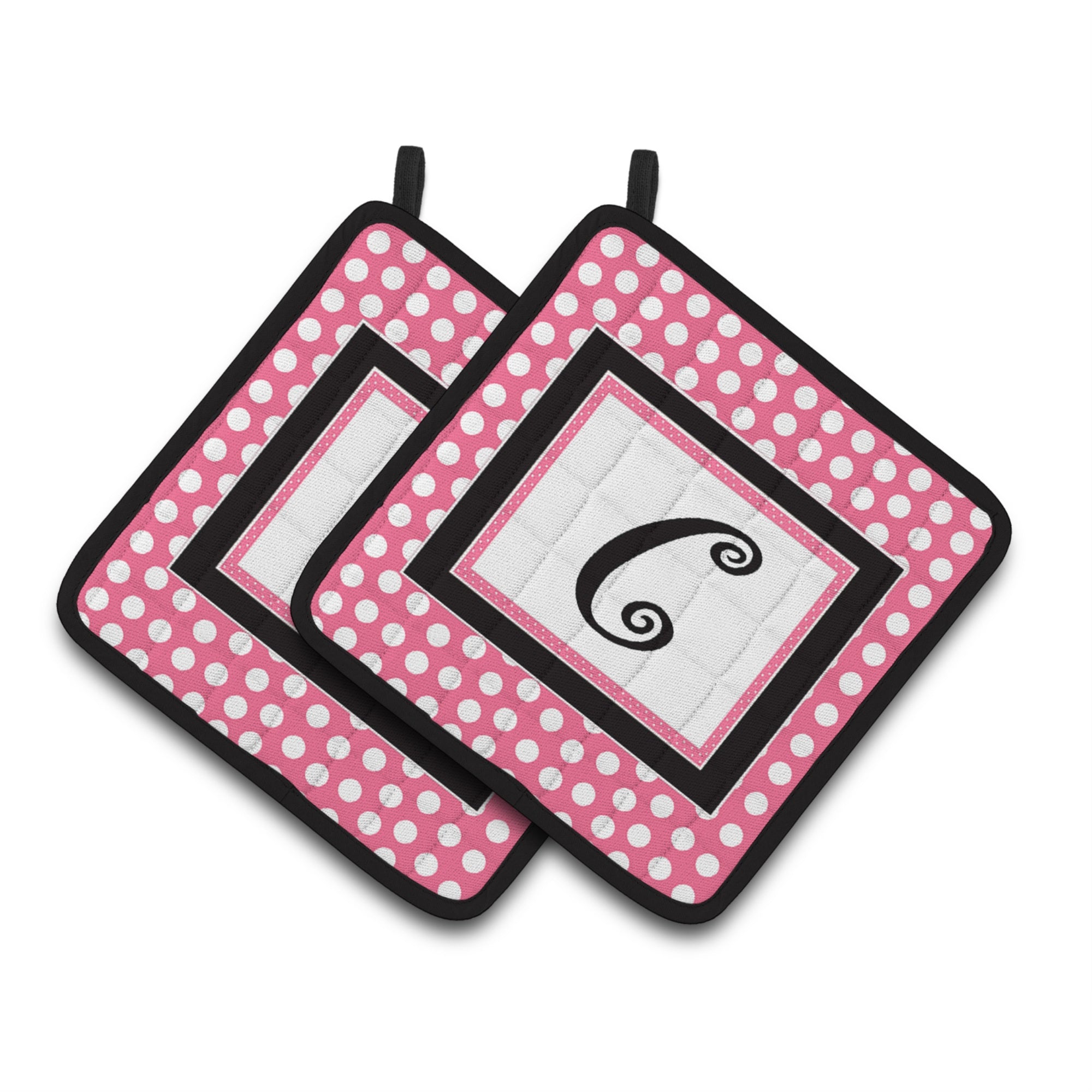'Caroline'S Treasures Letter C Monogram - Pink Black Polka Dots Pair Of Pot Holders Cj1001-Cpthd, 7.5Hx7.5W, Multicolor''