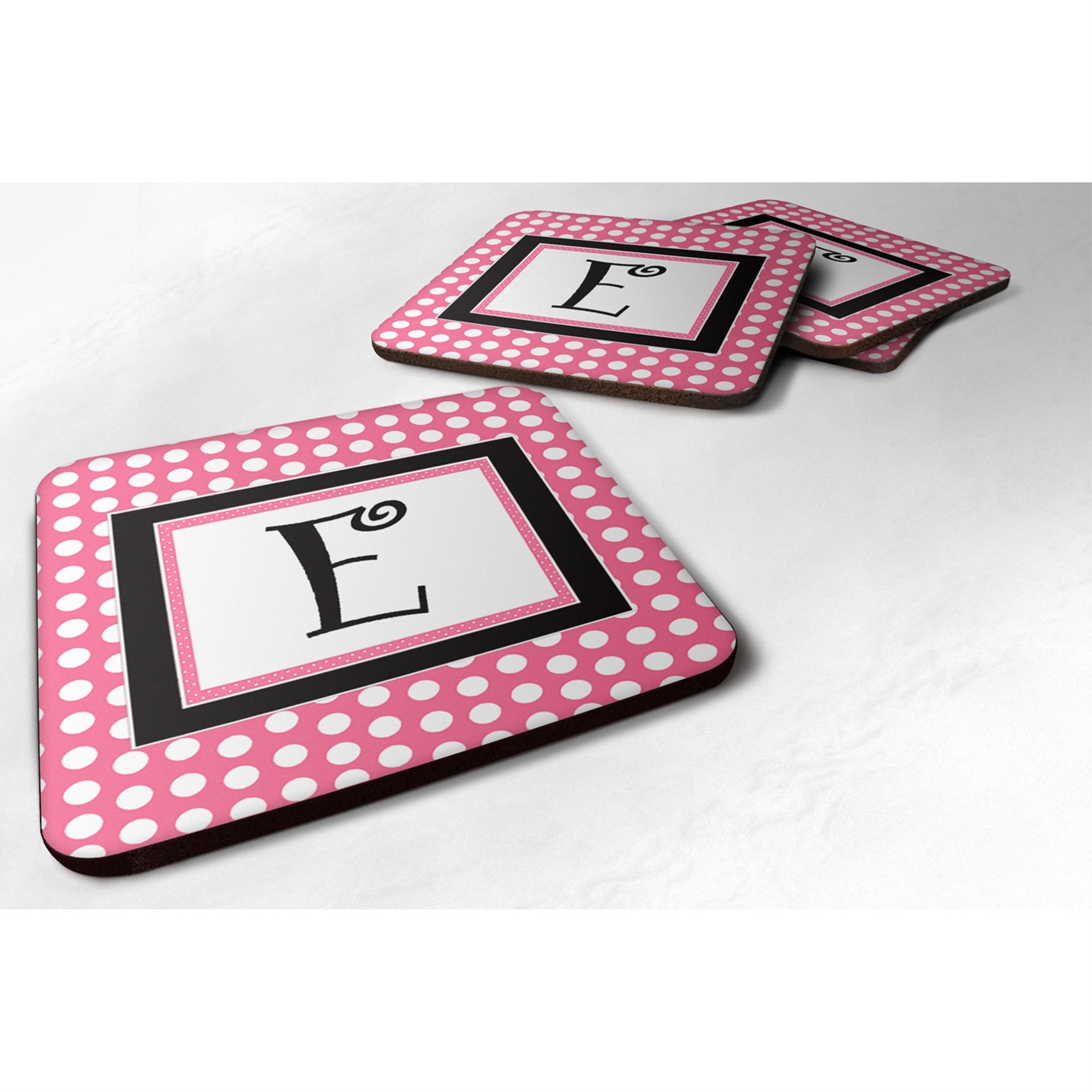 'Caroline'S Treasures Cj1001-Efc Monogram-Pink Black Polka Dots Foam Coasters (Set Of 4), Initial Letter E, 3.5'''' H X 3.5''''