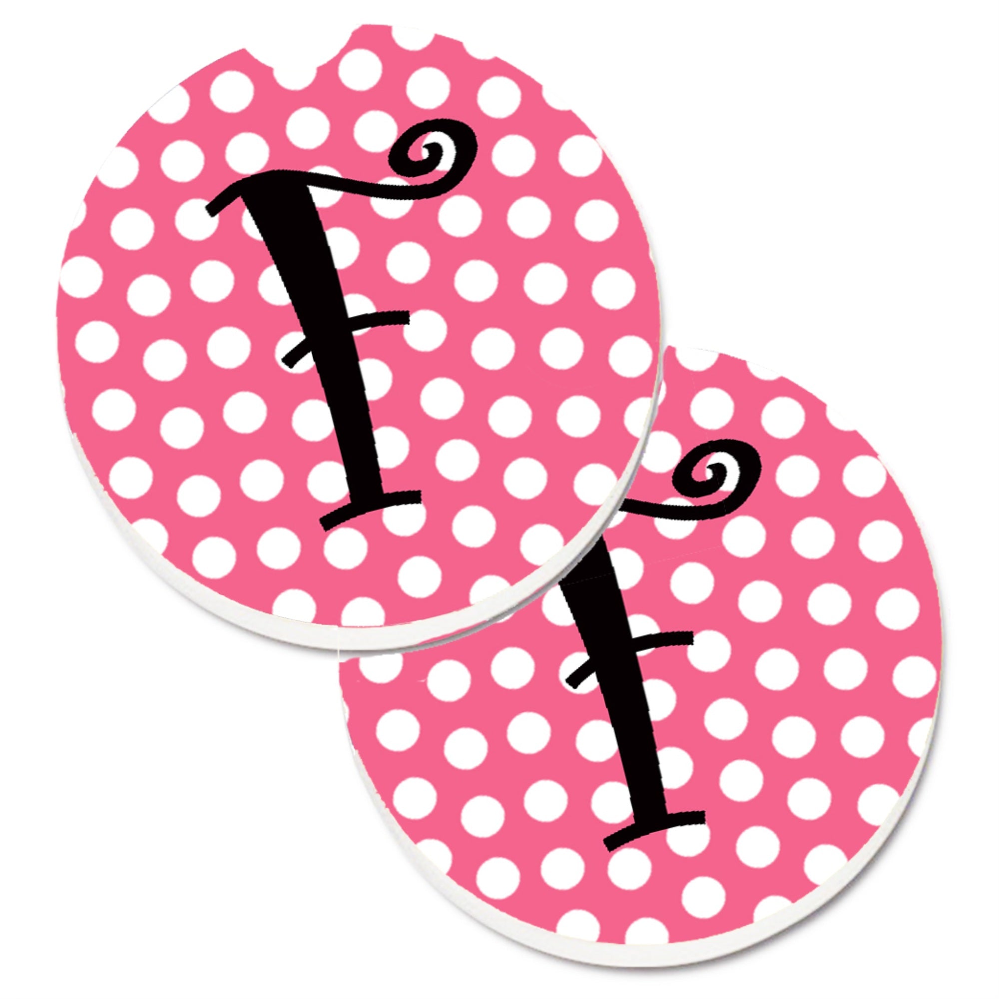 'Caroline'S Treasures Letter F Monogram - Pink Black Polka Dots Set Of 2 Cup Holder Car Coasters Cj1001-Fcarc, 2.56, Multicolor