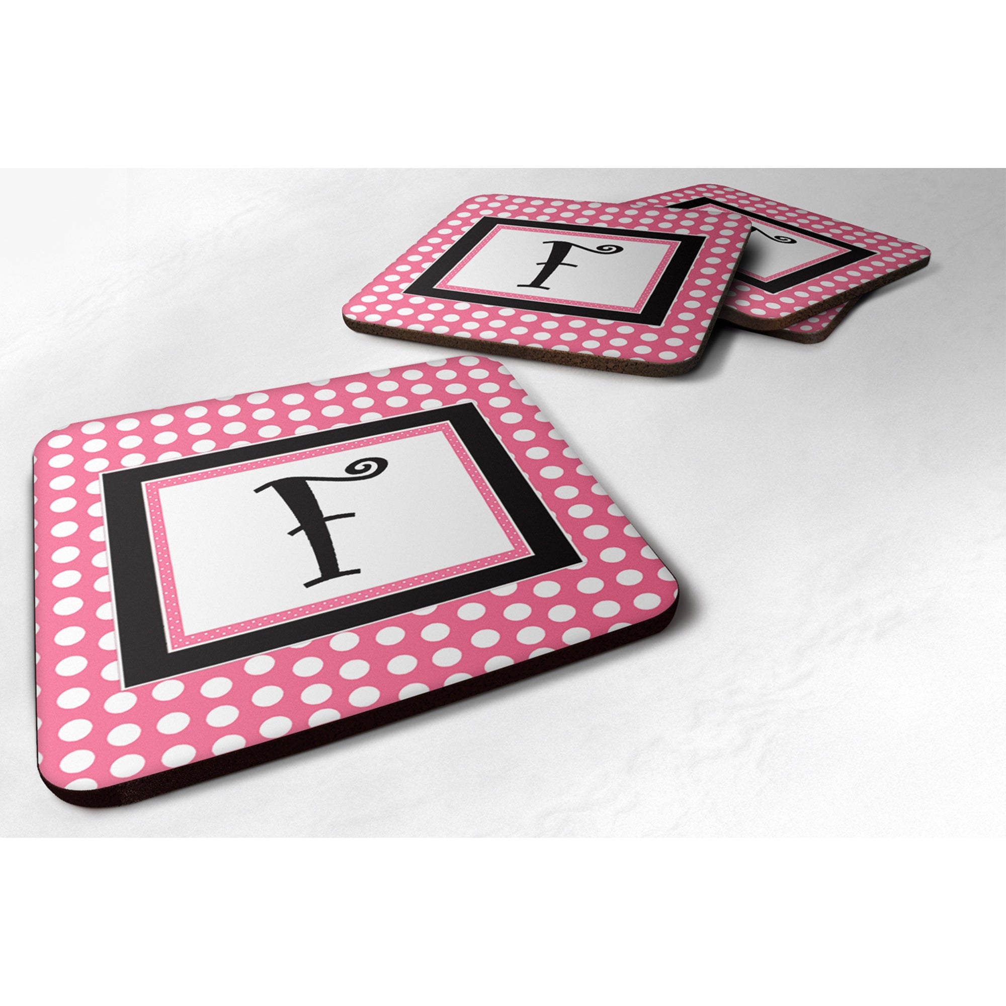 'Caroline'S Treasures Cj1001-Ffc Monogram-Pink Black Polka Dots Foam Coasters (Set Of 4), Initial Letter F, 3.5'''' H X 3.5''''