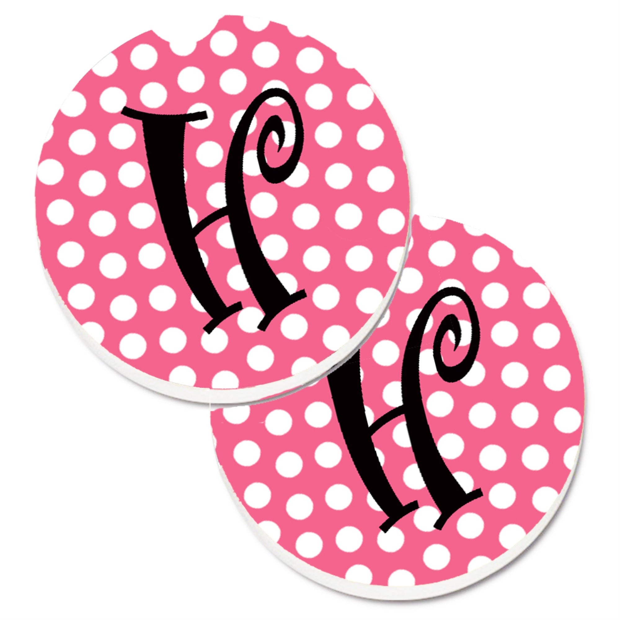 'Caroline'S Treasures Letter H Monogram - Pink Black Polka Dots Set Of 2 Cup Holder Car Coasters Cj1001-Hcarc, 2.56, Multicolor