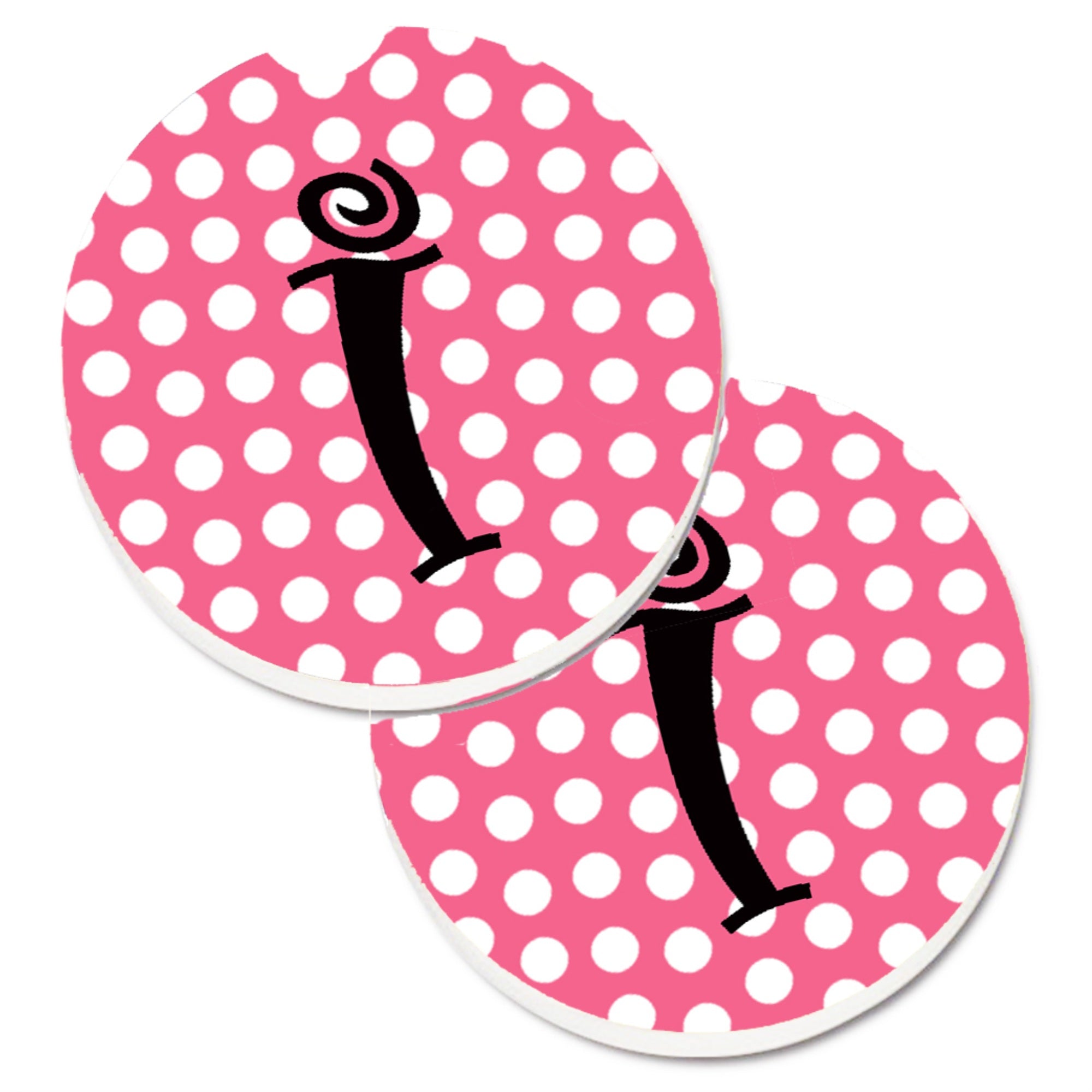 'Caroline'S Treasures Letter I Monogram - Pink Black Polka Dots Set Of 2 Cup Holder Car Coasters Cj1001-Icarc, 2.56, Multicolor