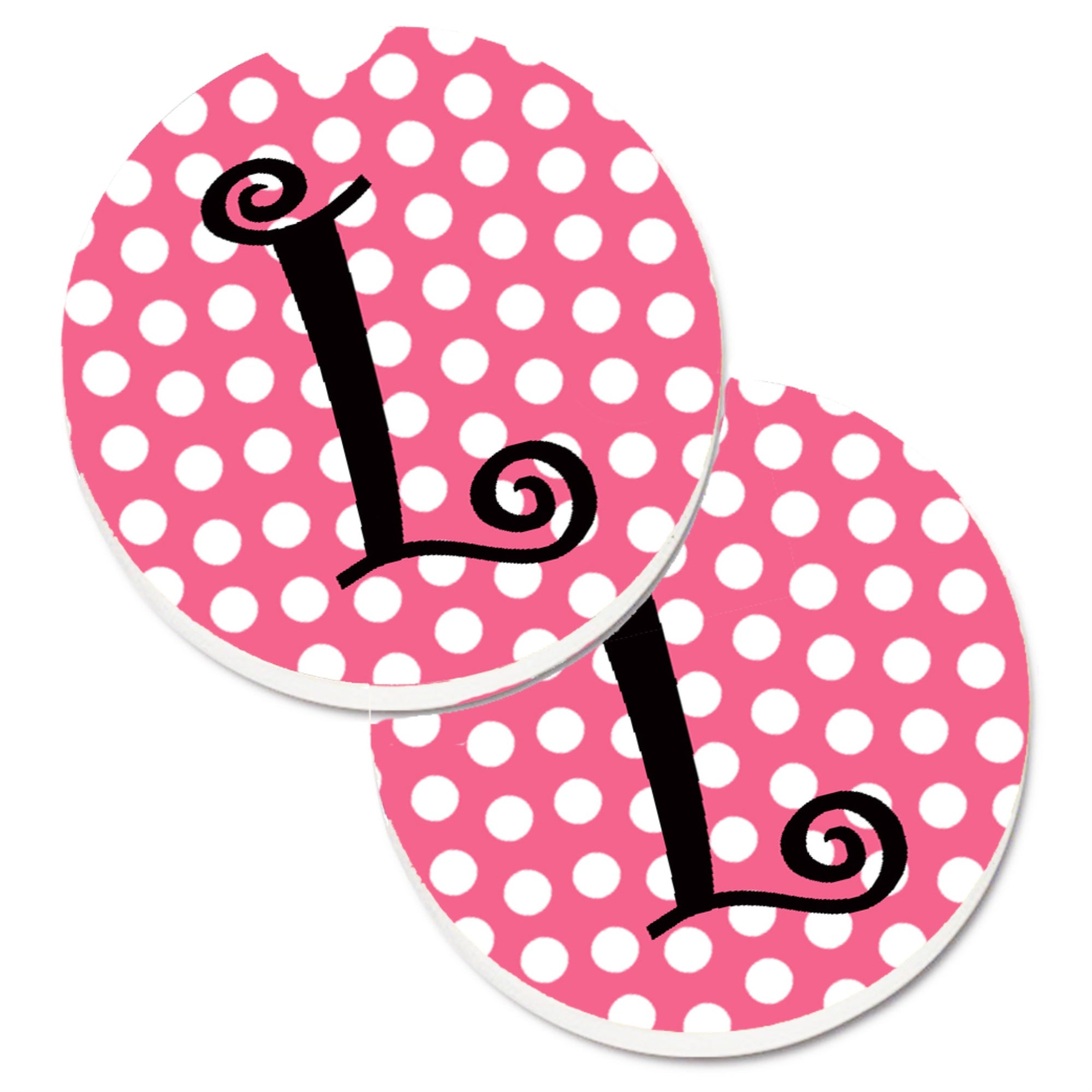 'Caroline'S Treasures Letter L Monogram - Pink Black Polka Dots Set Of 2 Cup Holder Car Coasters Cj1001-Lcarc, 2.56, Multicolor